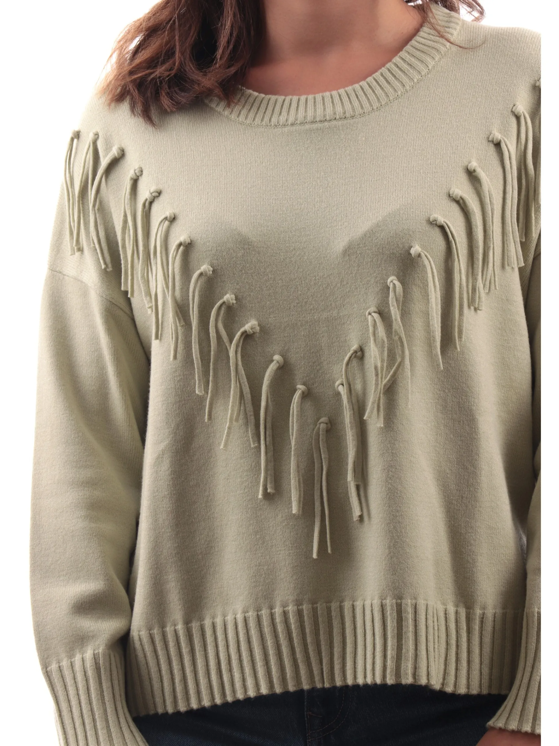 ANIS Maglie*Maglione con frange verde da donna girocollo 245W6251