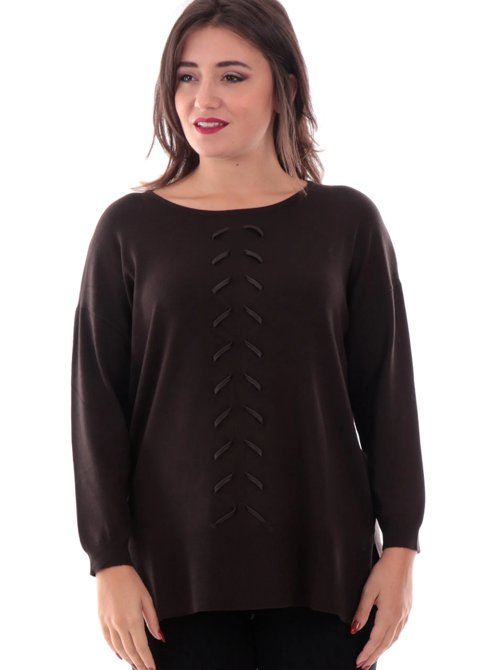 ANIS Maglie*Maglione marrone da donna collo laccio pelle 245F1010