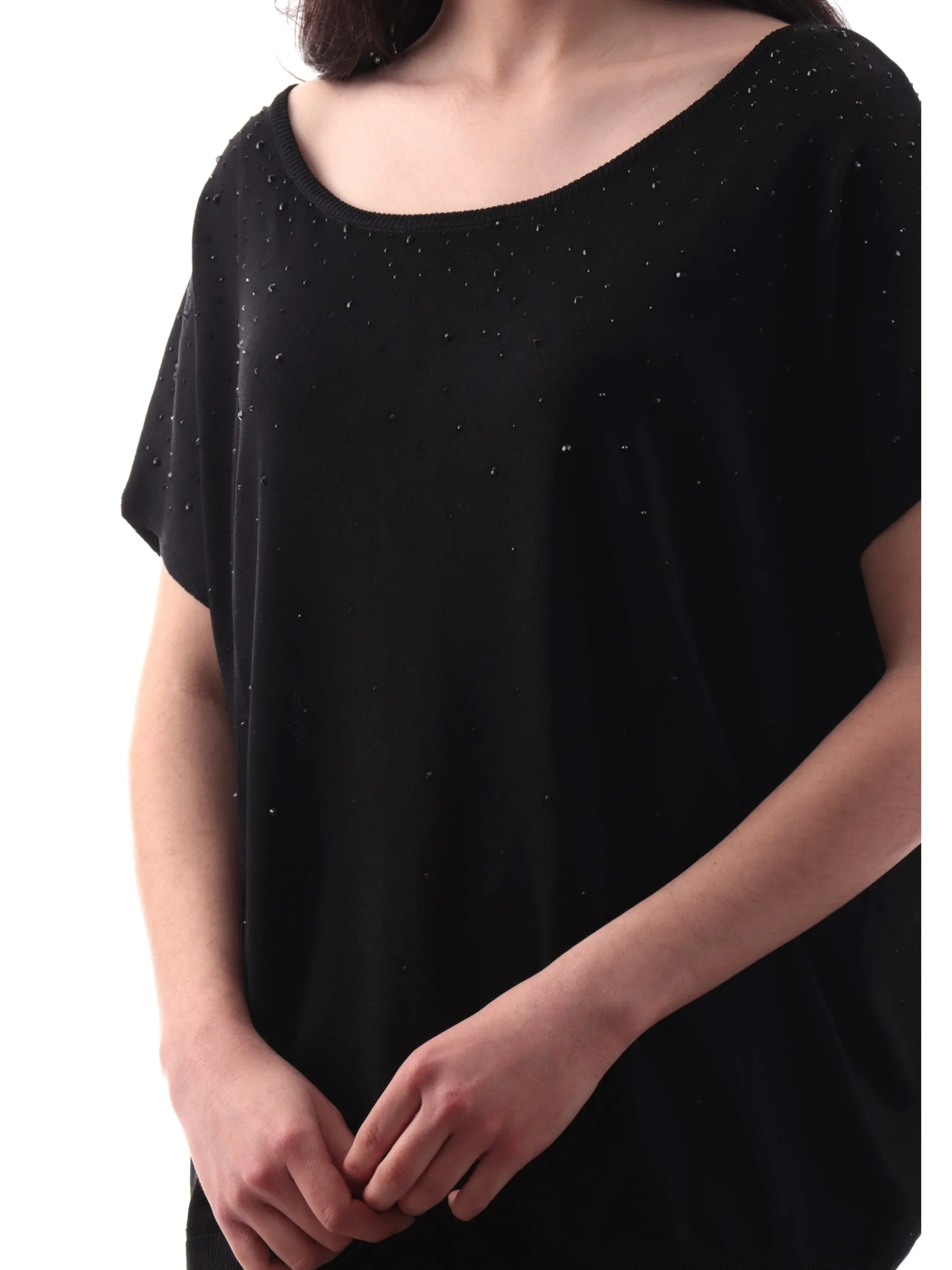 ANIS Maglie*Maglione scollo a barca nero da donna vestibilità morbida con strass 251W6046