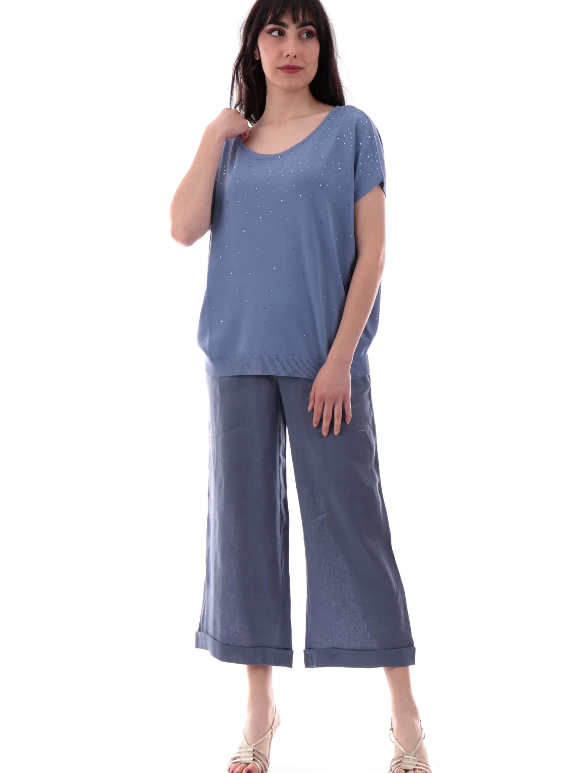 ANIS Maglie*Maglione scollo a barca blu da donna vestibilità morbida con strass 251W6046