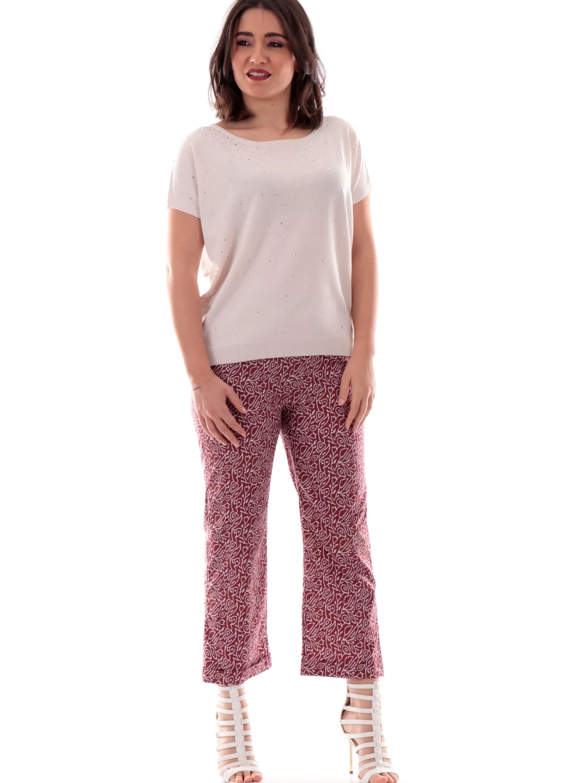 ANIS Maglie*Maglione scollo a barca beige da donna vestibilità morbida con strass 251W6046