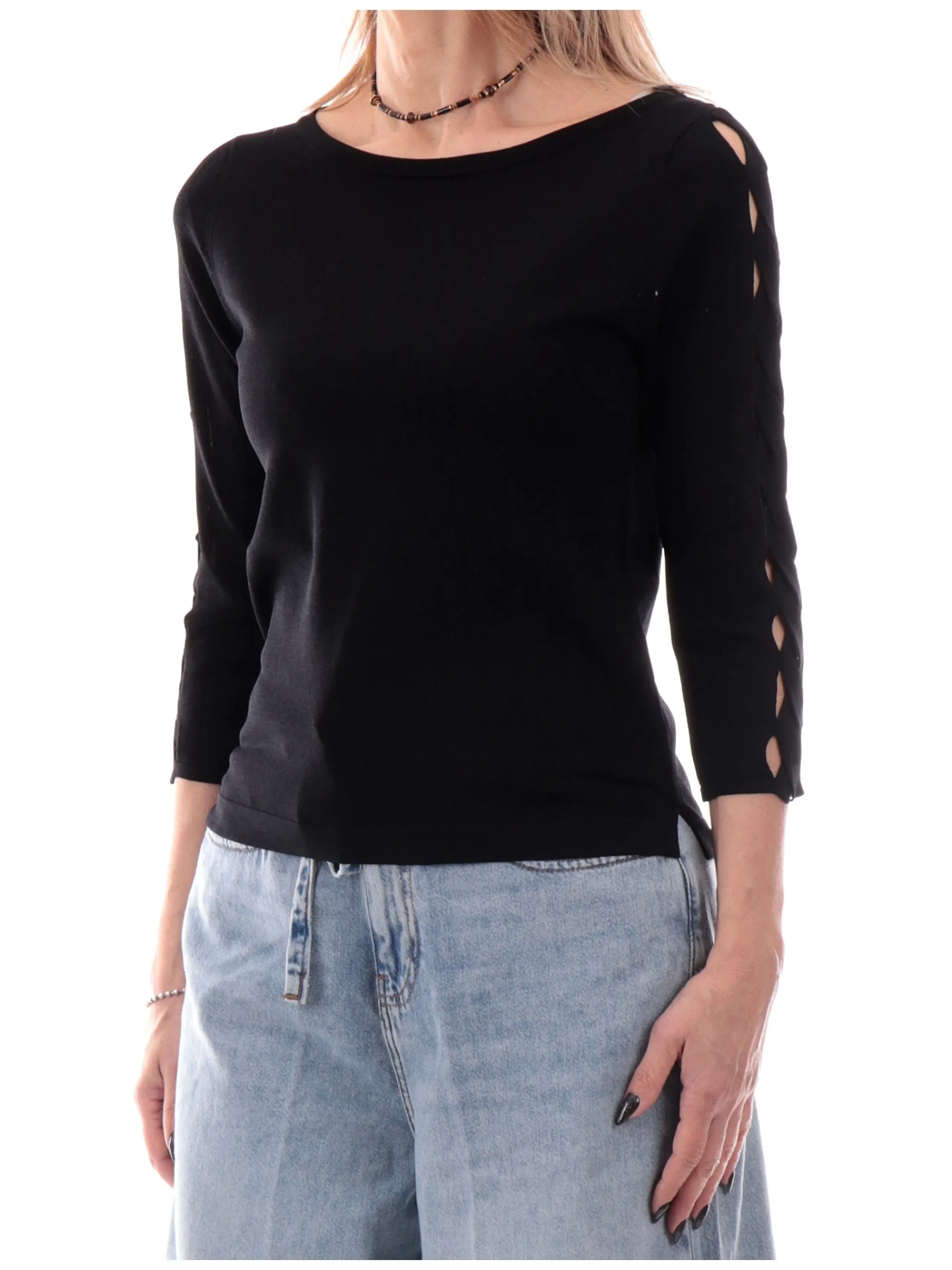 ANIS Maglie*Maglione scollo a barca nero da donna maniche tre quarti 251W1071