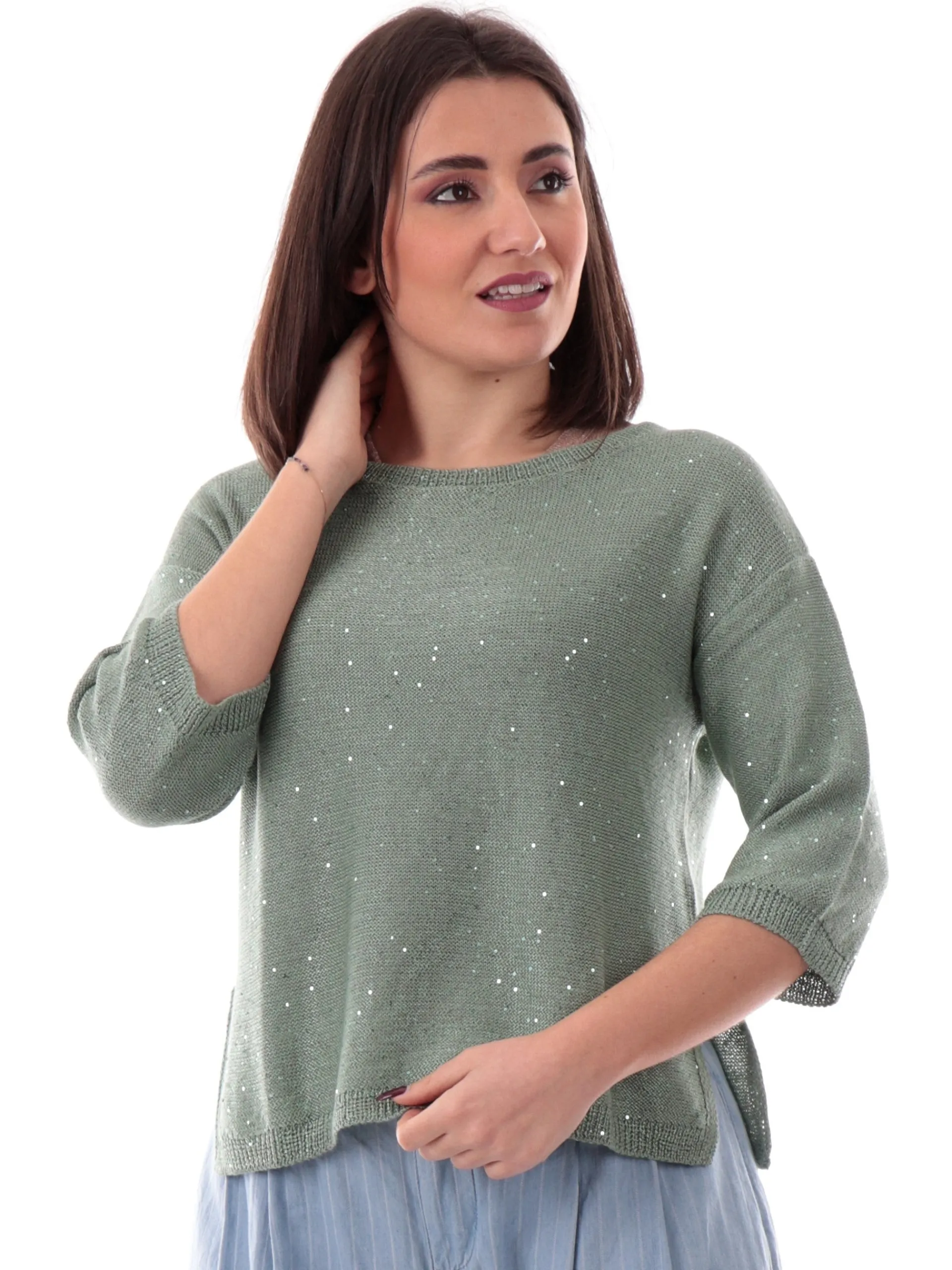 ANIS Maglie*Maglione verde scollo barca da donna con paillettes 251W1236