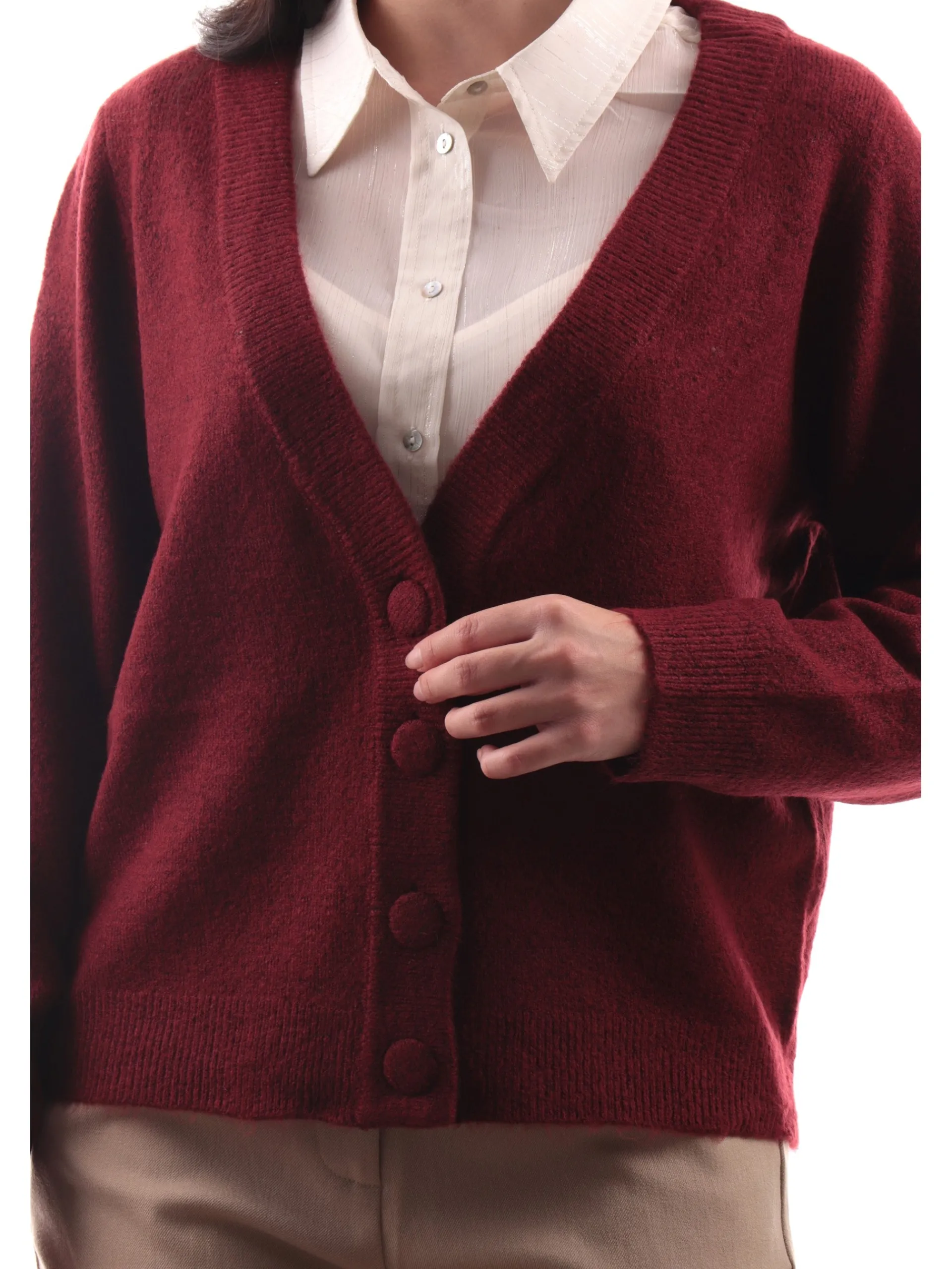 MOLLYBRACKEN Maglie*Maglione cardigan Molly Bracken bordeaux da donna scollo a V T1925CN