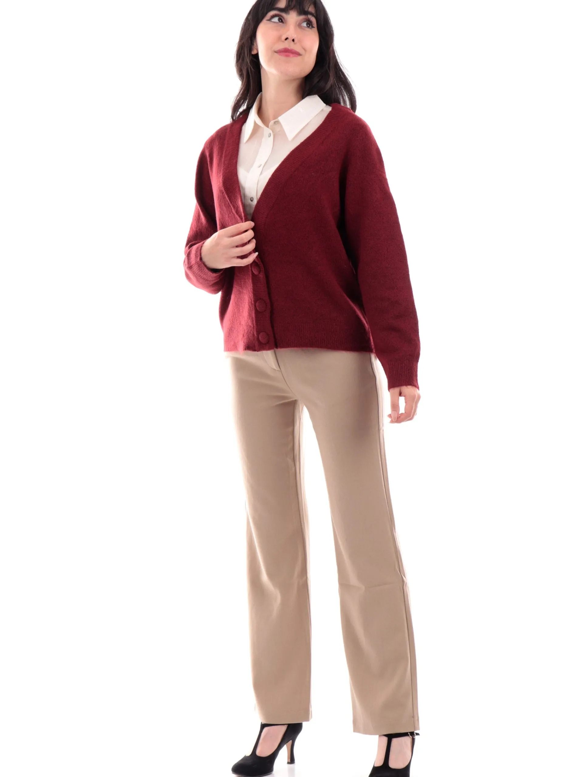 MOLLYBRACKEN Maglie*Maglione cardigan Molly Bracken bordeaux da donna scollo a V T1925CN
