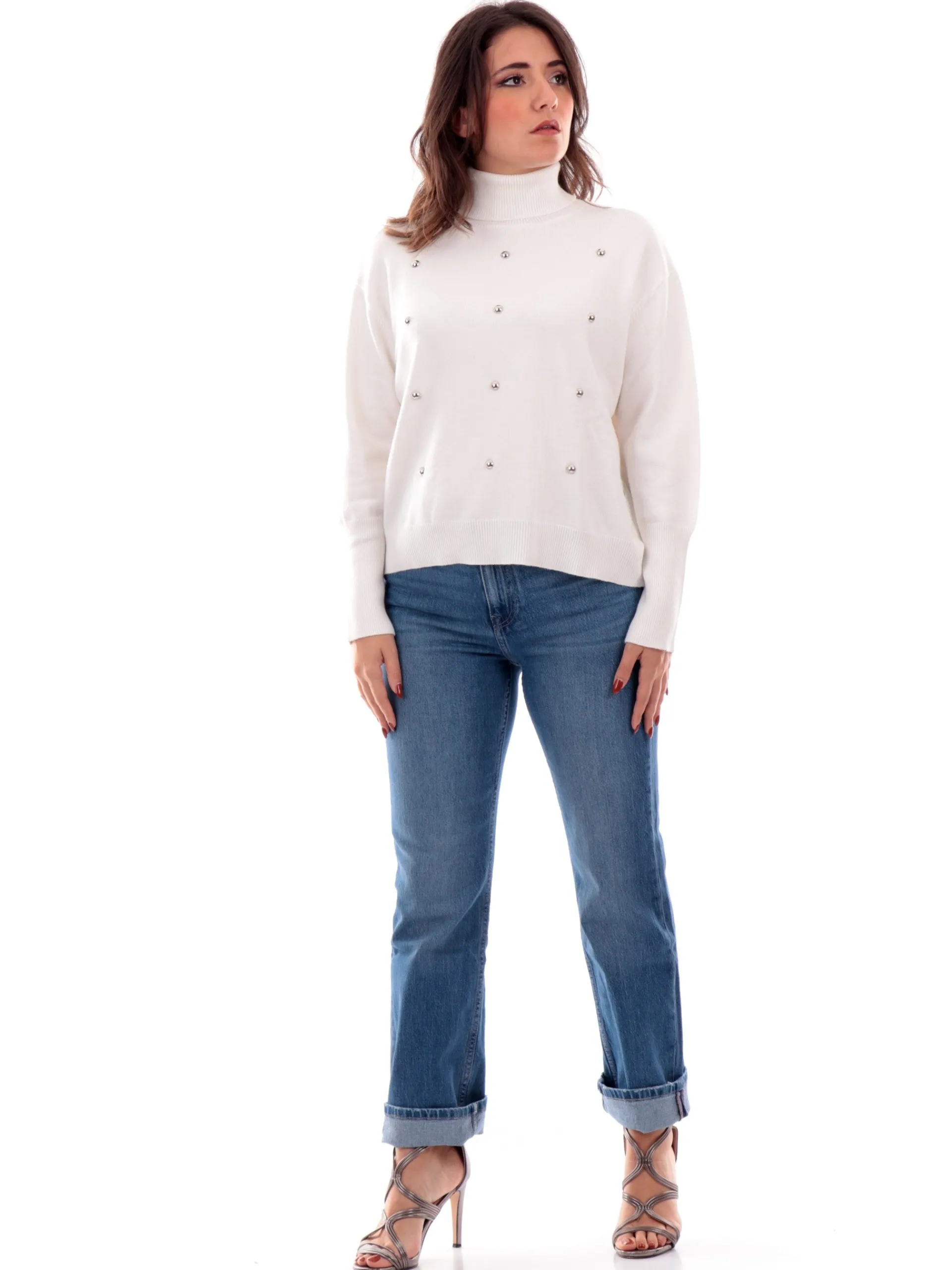 ANIS Maglie*Maglione dolcevita bianco da donna con borchie 245W6295