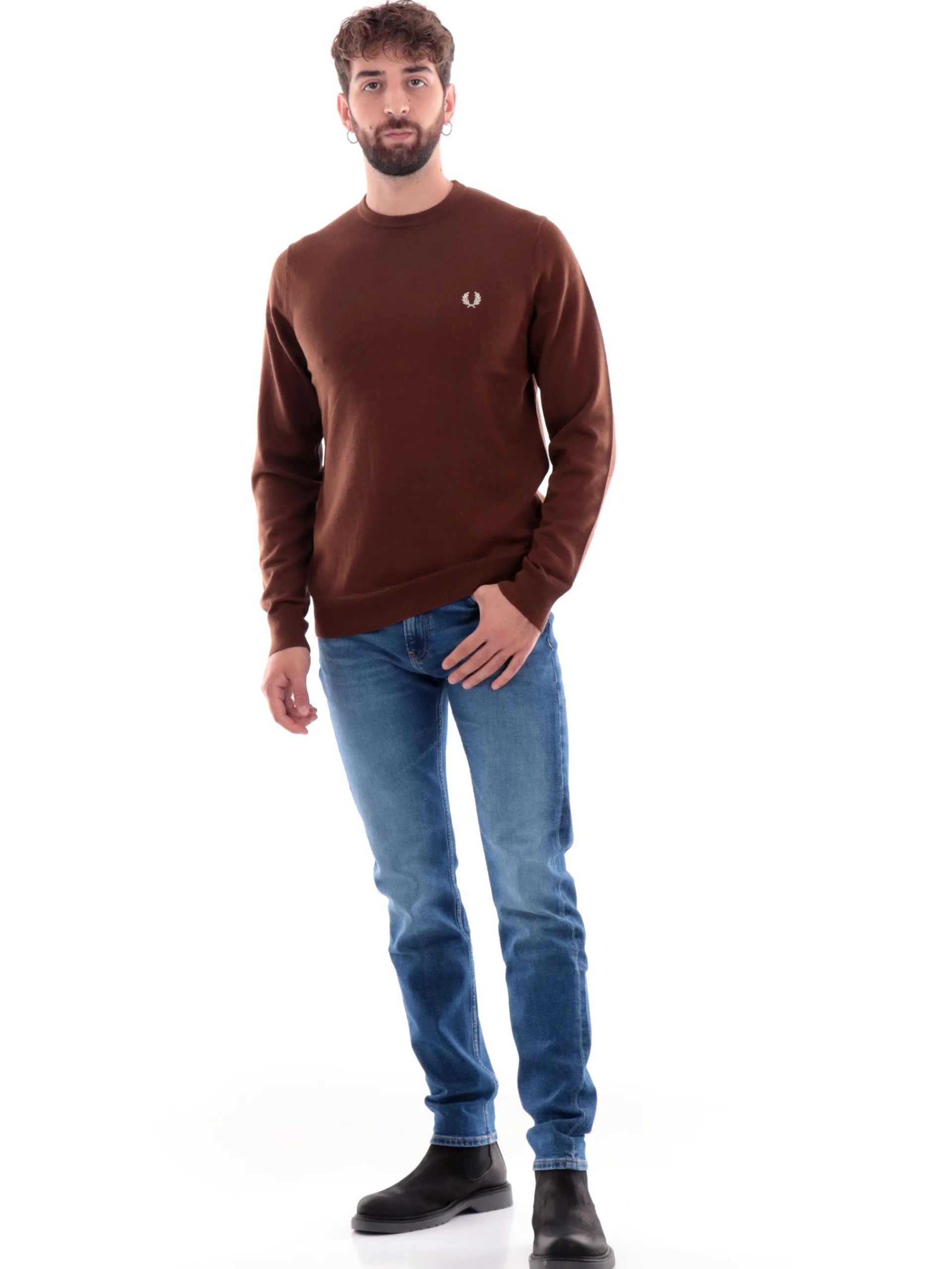 FRED PERRY Maglie*Maglione marrone da uomo Classic Crew Neck Jumper K9601