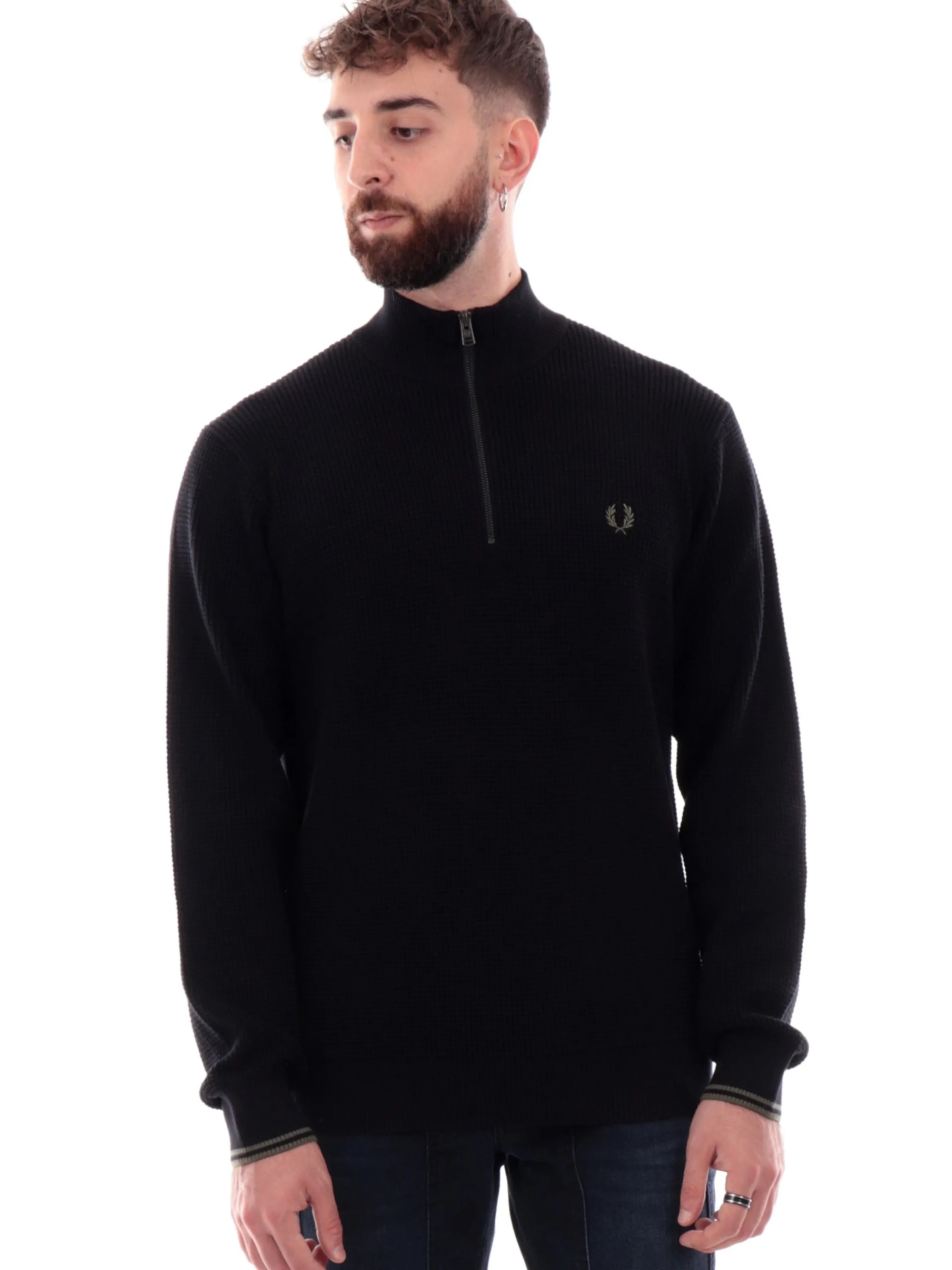 FRED PERRY Maglie*Maglione nero da uomo full zip Waffle Stitch K8557