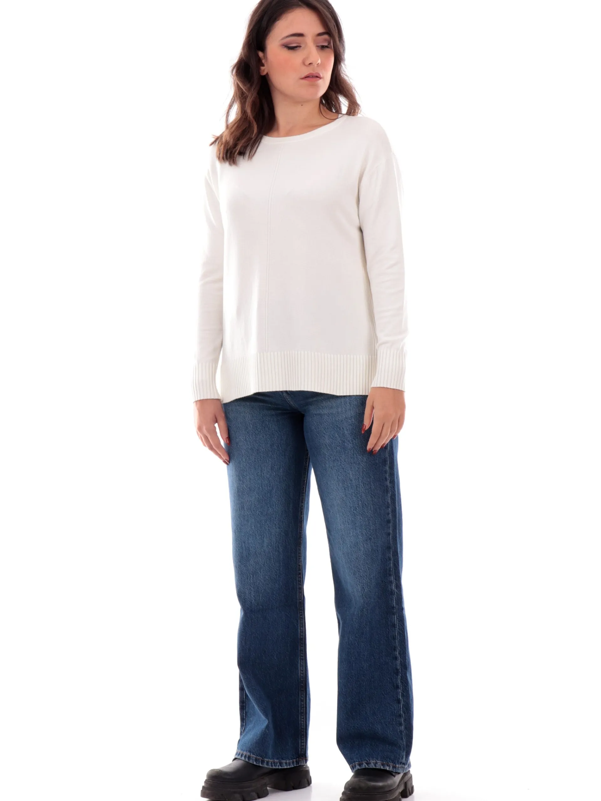 ANIS Maglie*Maglione girocollo bianco da donna vestibilità morbida 245W6056