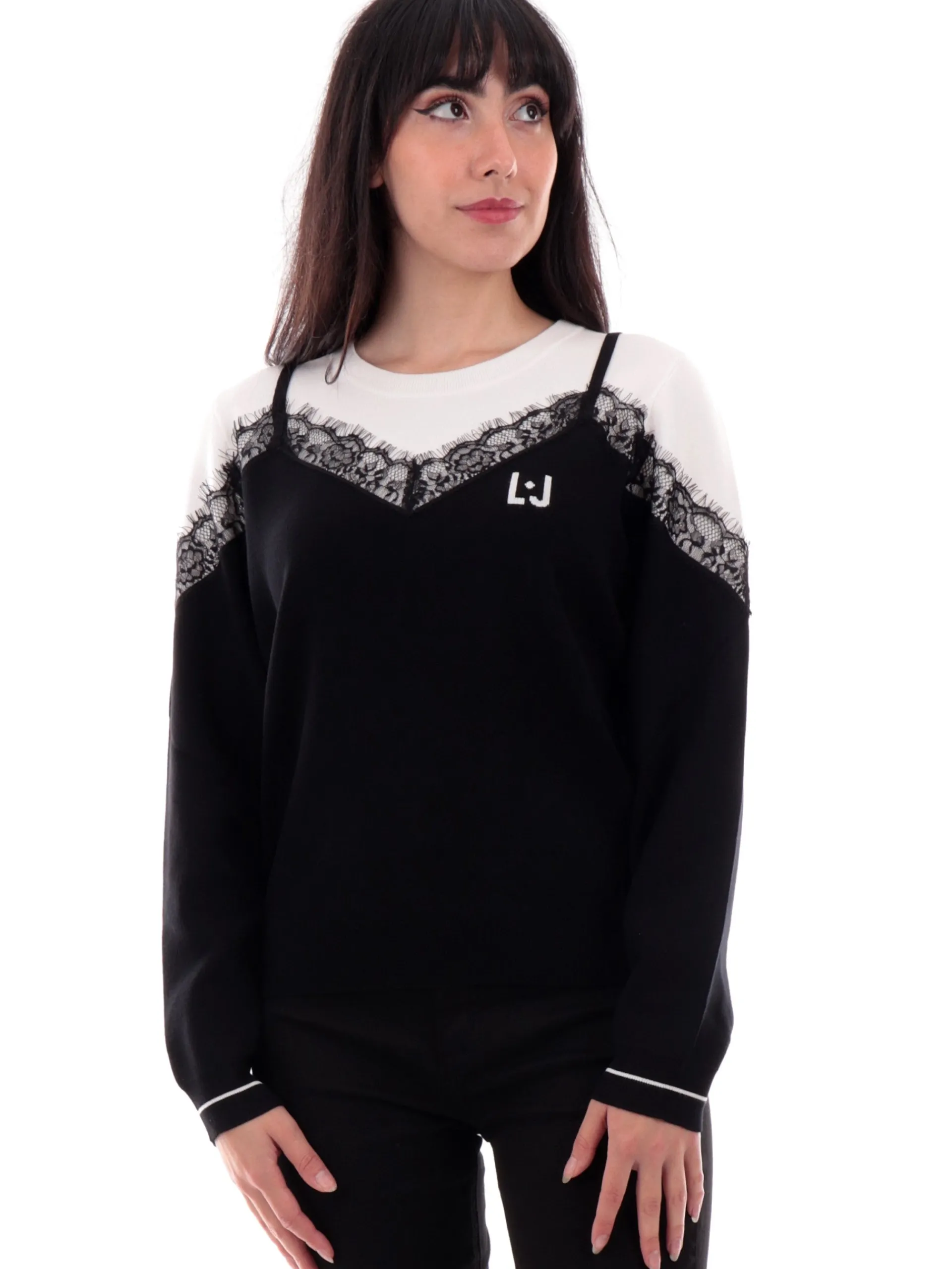 LIU JO SPORT Maglie*Maglione girocollo Liu Jo bianco e nero da donna inserto pizzo TF4219MS63L