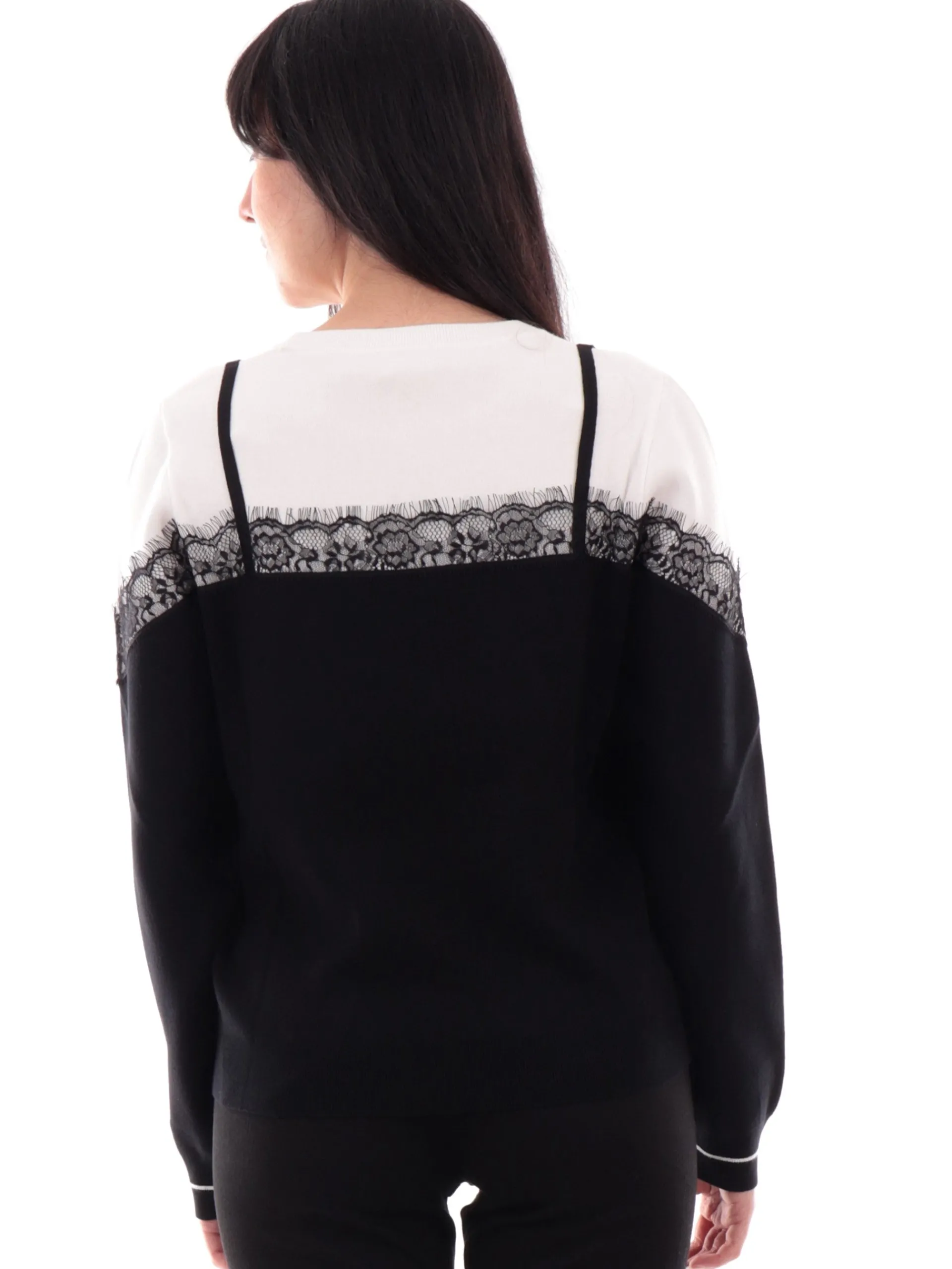 LIU JO SPORT Maglie*Maglione girocollo Liu Jo bianco e nero da donna inserto pizzo TF4219MS63L