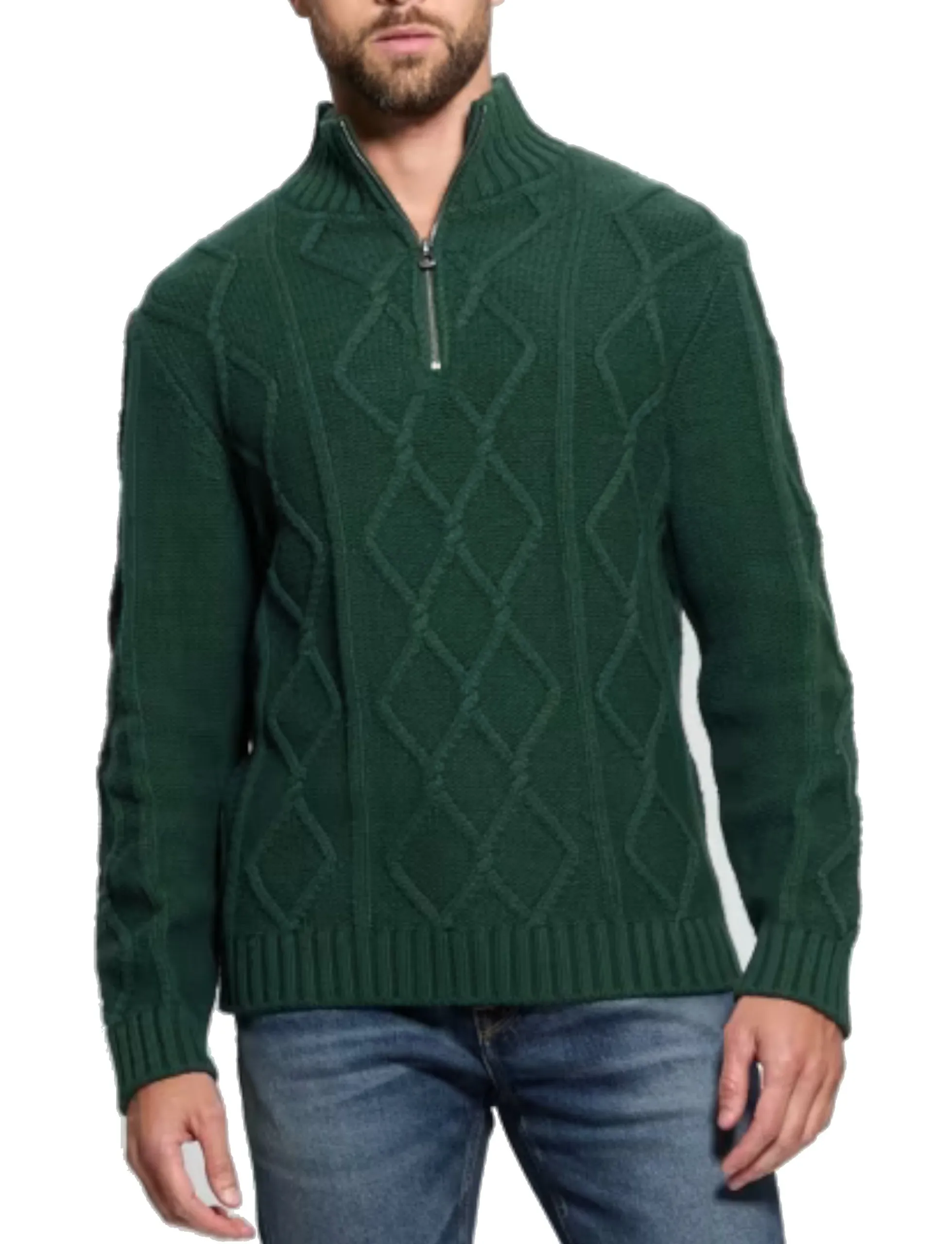 GUESS Maglie*Maglione verde da uomo mezza zip Diamond Cable M4BR49Z3IN0