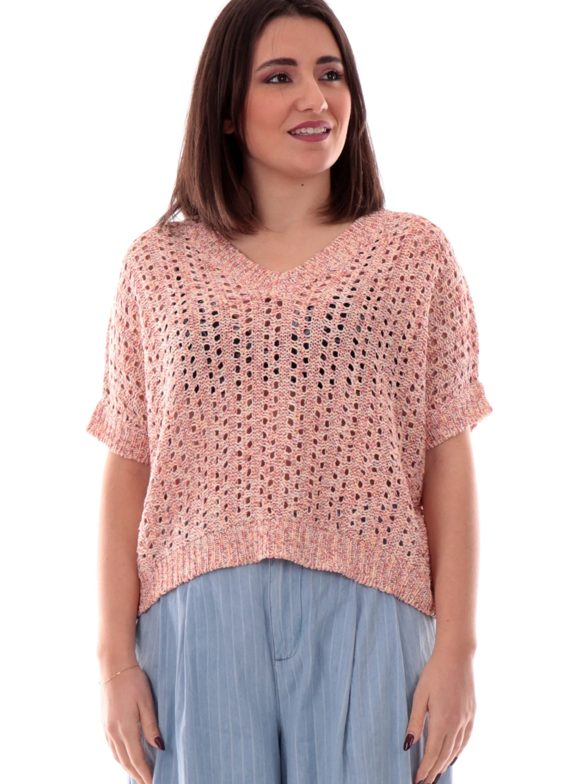 ANIS Maglie*Maglione kimono scollo a V rosa da donna bucherellato 251W1221