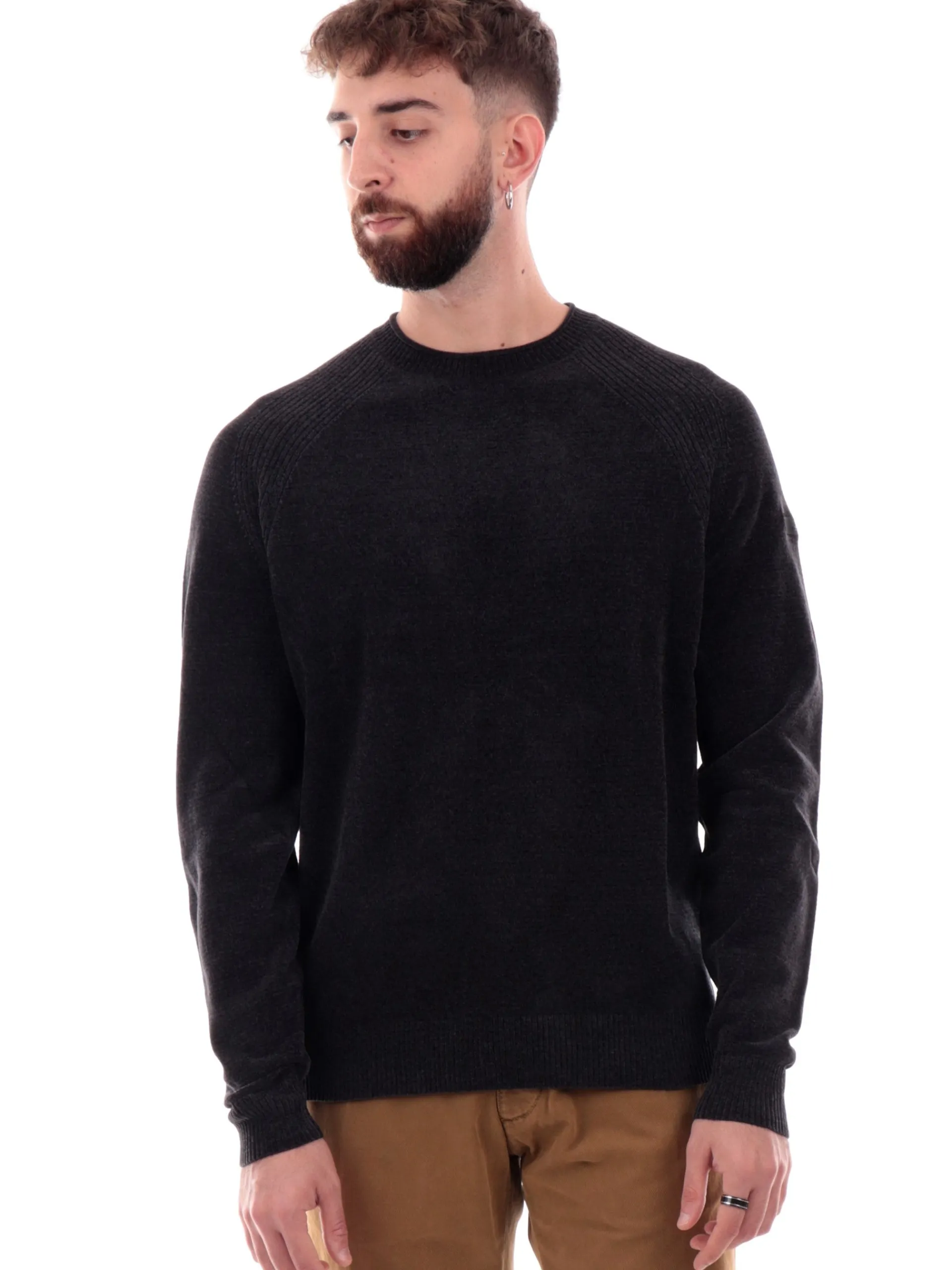 RRD Maglie*Maglione velluto nero da uomo girocollo W24132