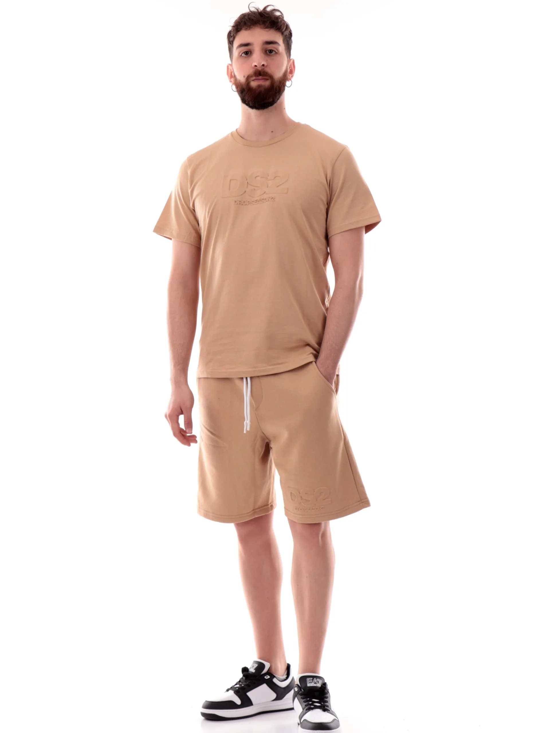 DS2 Bermuda*Pantaloncini beige da uomo con logo rilievo SS25214
