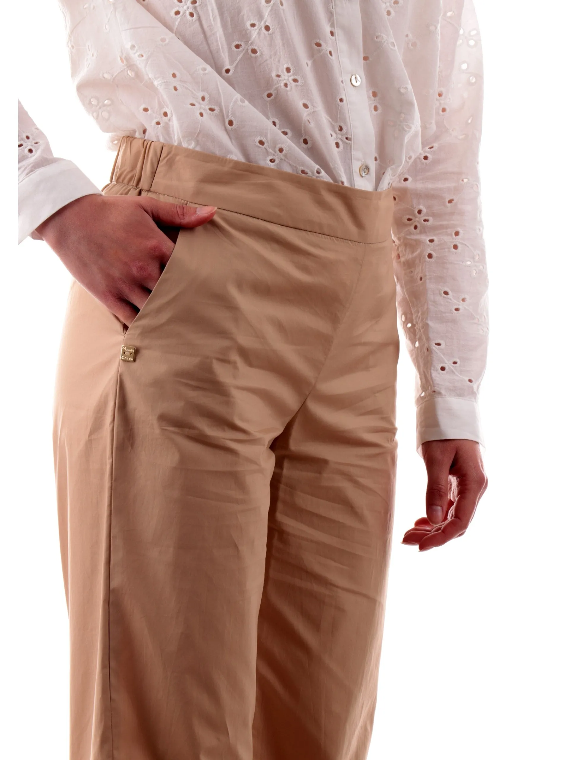 MANILA GRACE Pantaloni*Pantaloni chino marroni da donna con banda elastica Straigh P264CUMA