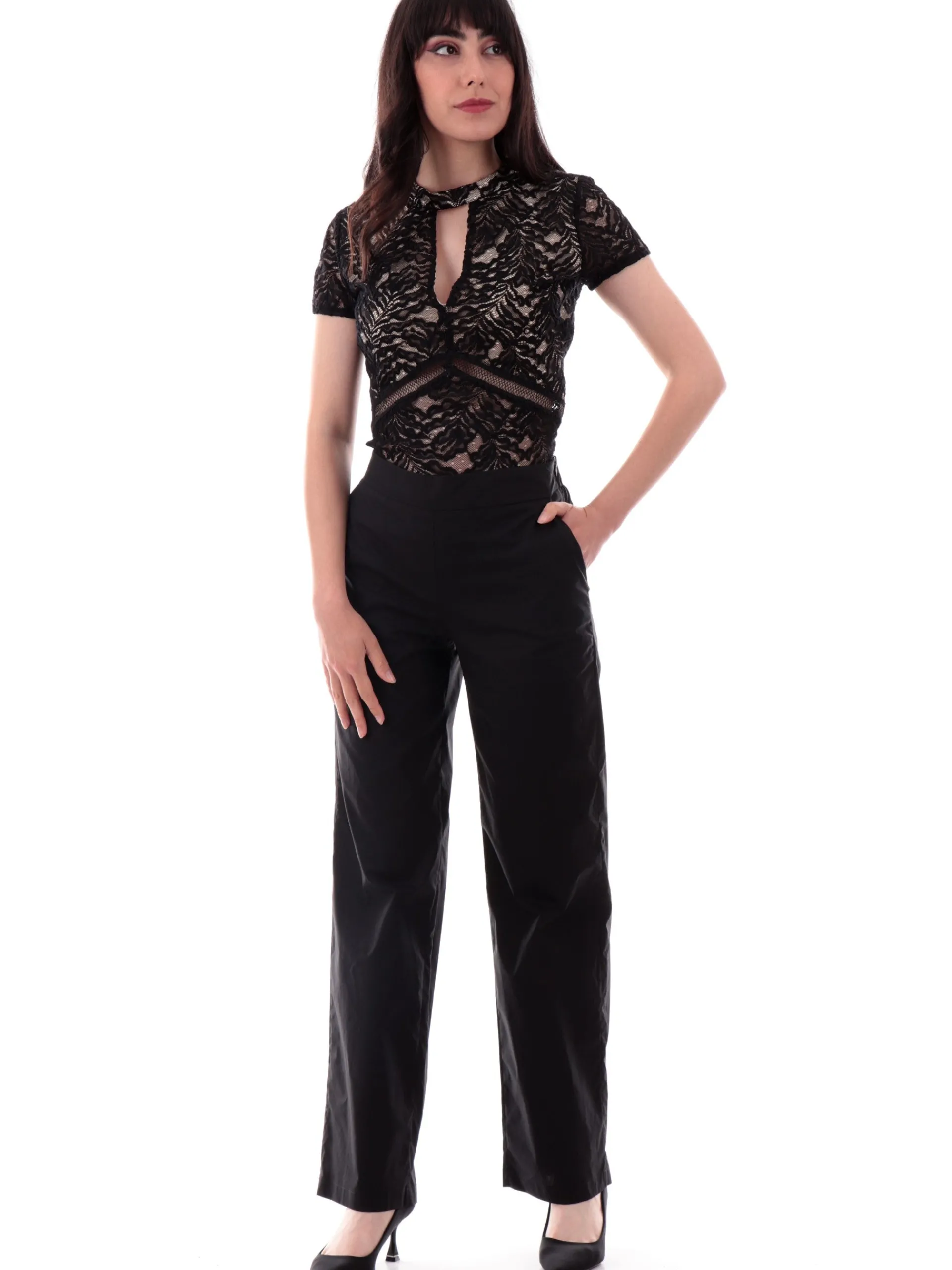 MANILA GRACE Pantaloni*Pantaloni chino neri da donna con banda elastica Straigh P264CUMA