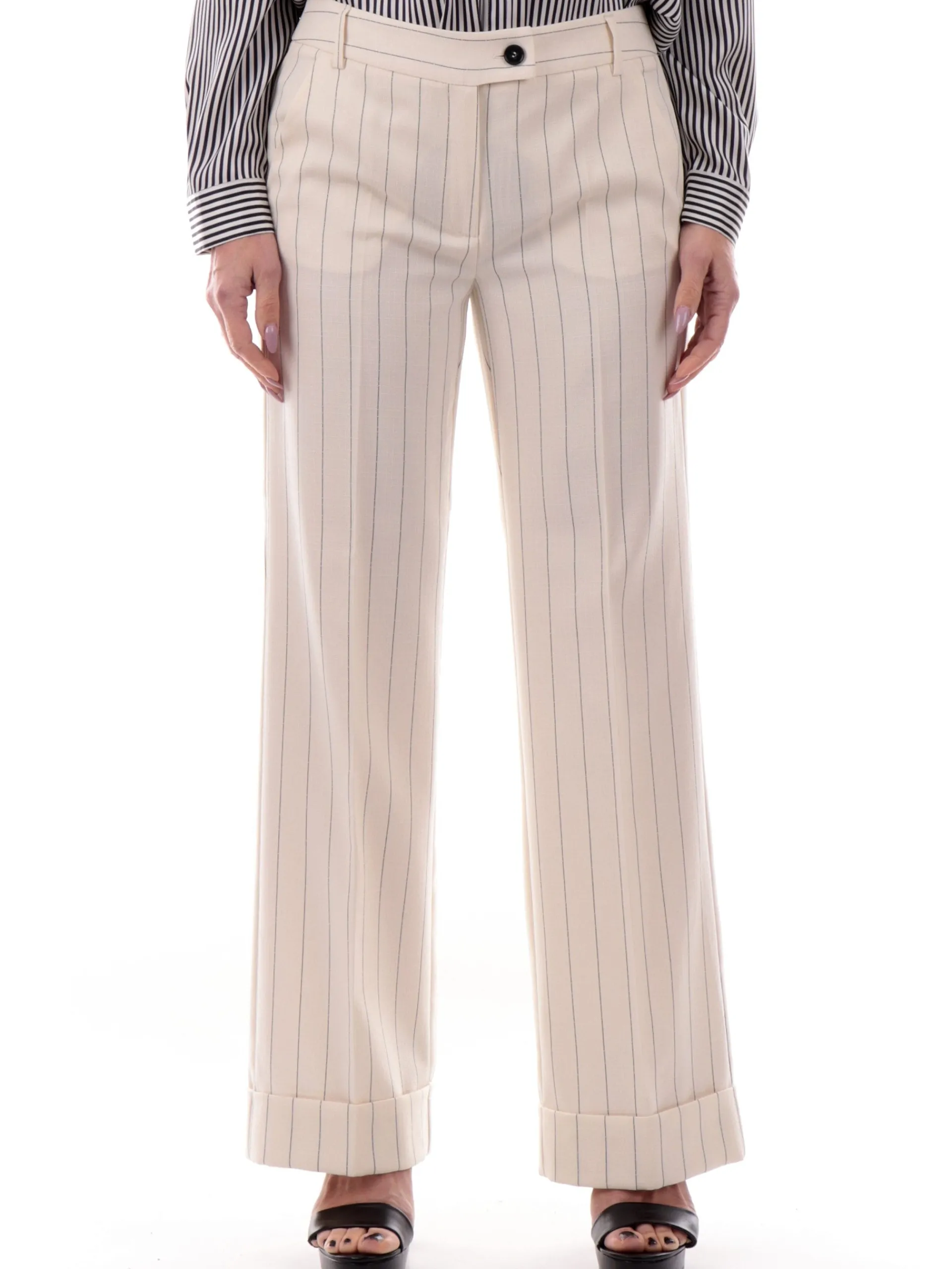 EMME MARELLA Pantaloni*Pantaloni bianchi a righe da donna con risvolto AGRA2