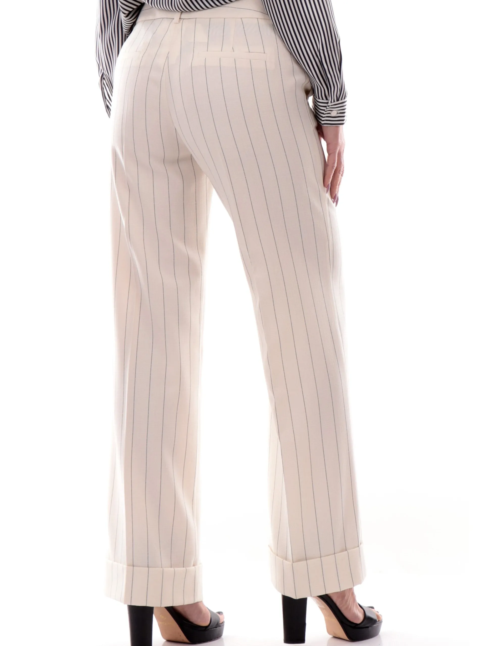 EMME MARELLA Pantaloni*Pantaloni bianchi a righe da donna con risvolto AGRA2