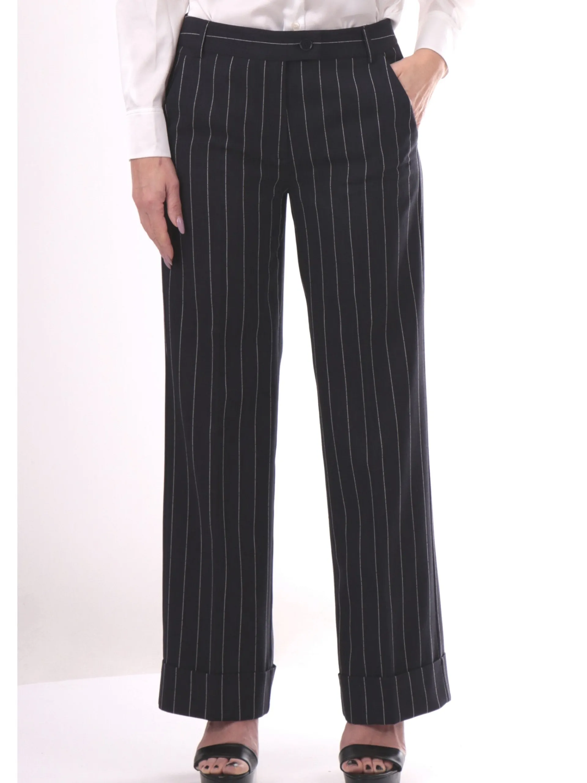 EMME MARELLA Pantaloni*Pantaloni blu a righe da donna con risvolto AGRA2