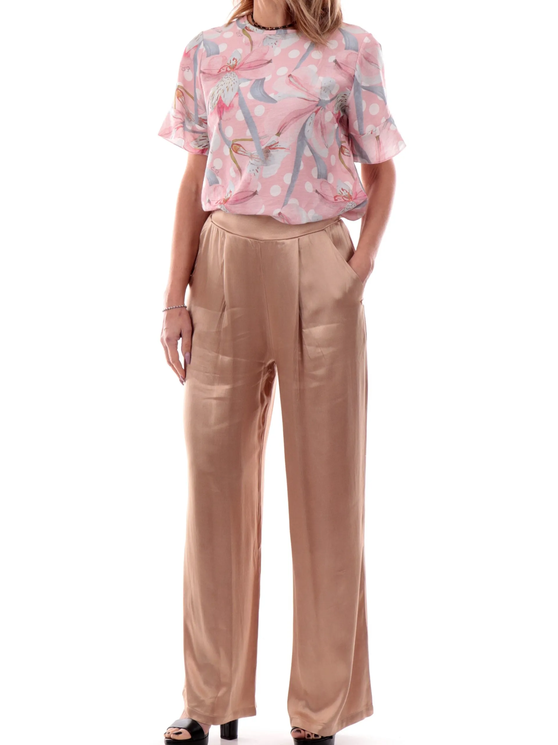 YES ZEE Pantaloni*Pantaloni in raso satin beige oro da donna P367EN000340