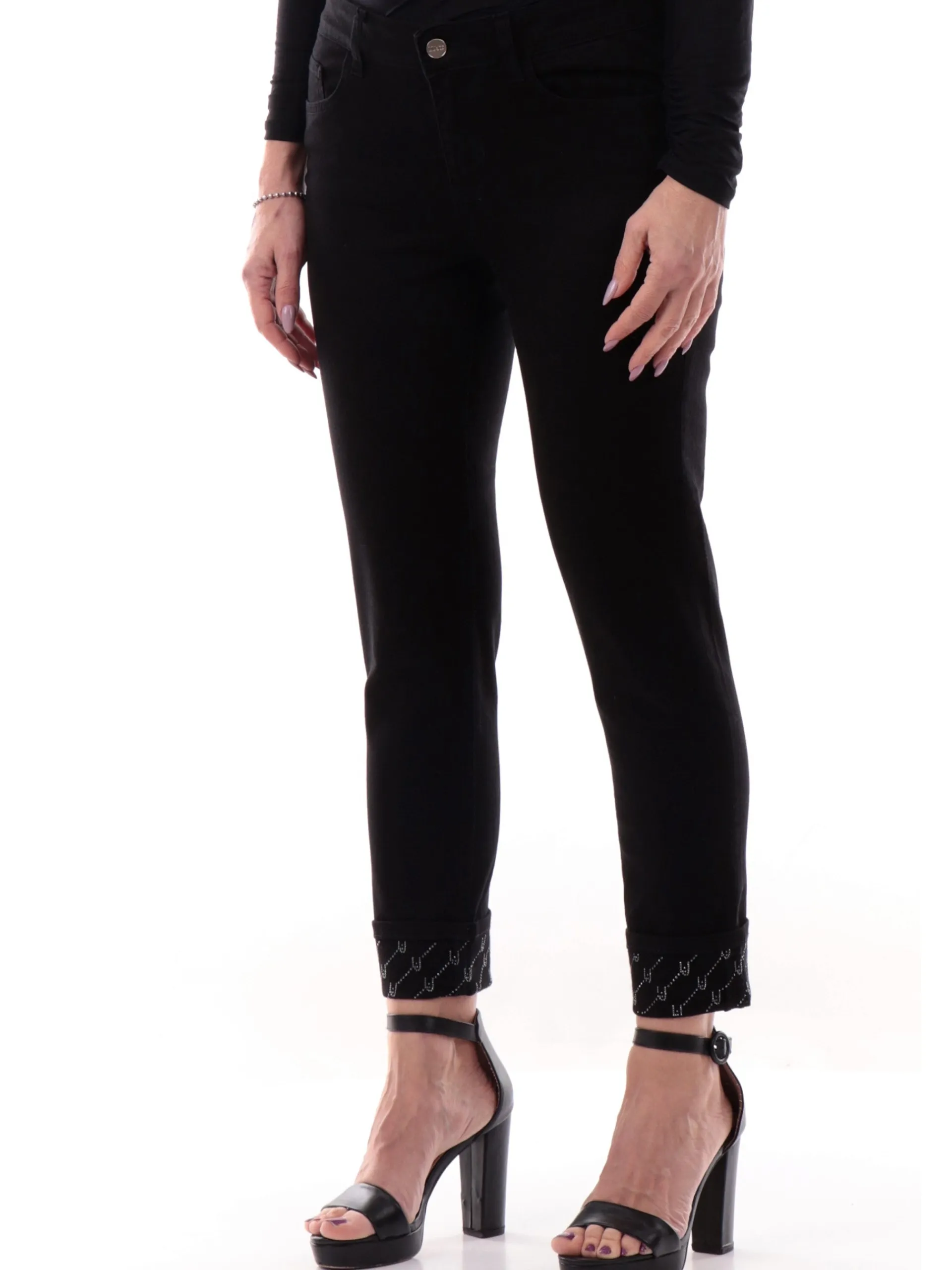 LIU JO MILANO Jeans*Pantaloni Liu Jo neri Monroe da donna fondo risvolto con strass UA5006T2594