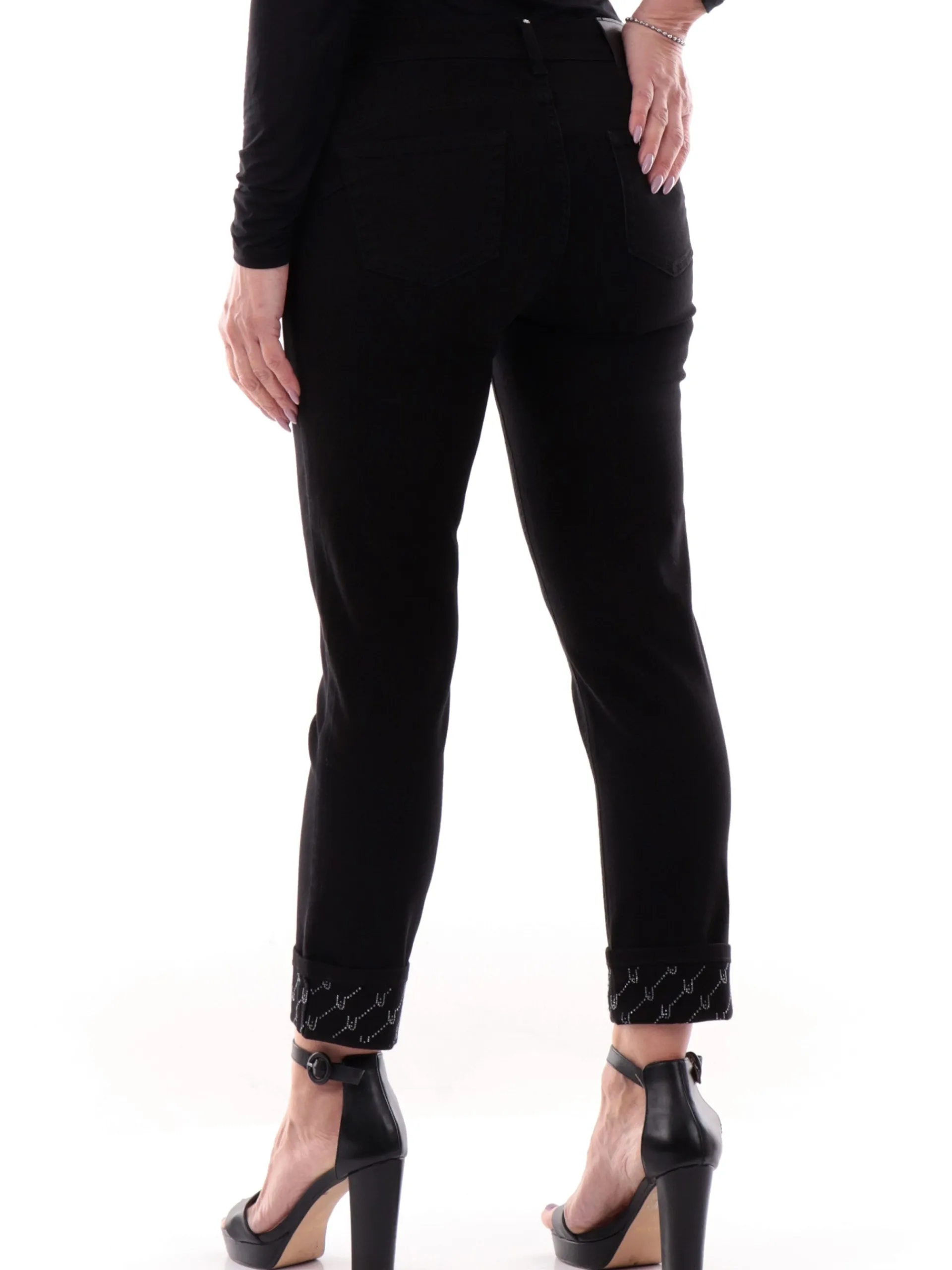 LIU JO MILANO Jeans*Pantaloni Liu Jo neri Monroe da donna fondo risvolto con strass UA5006T2594
