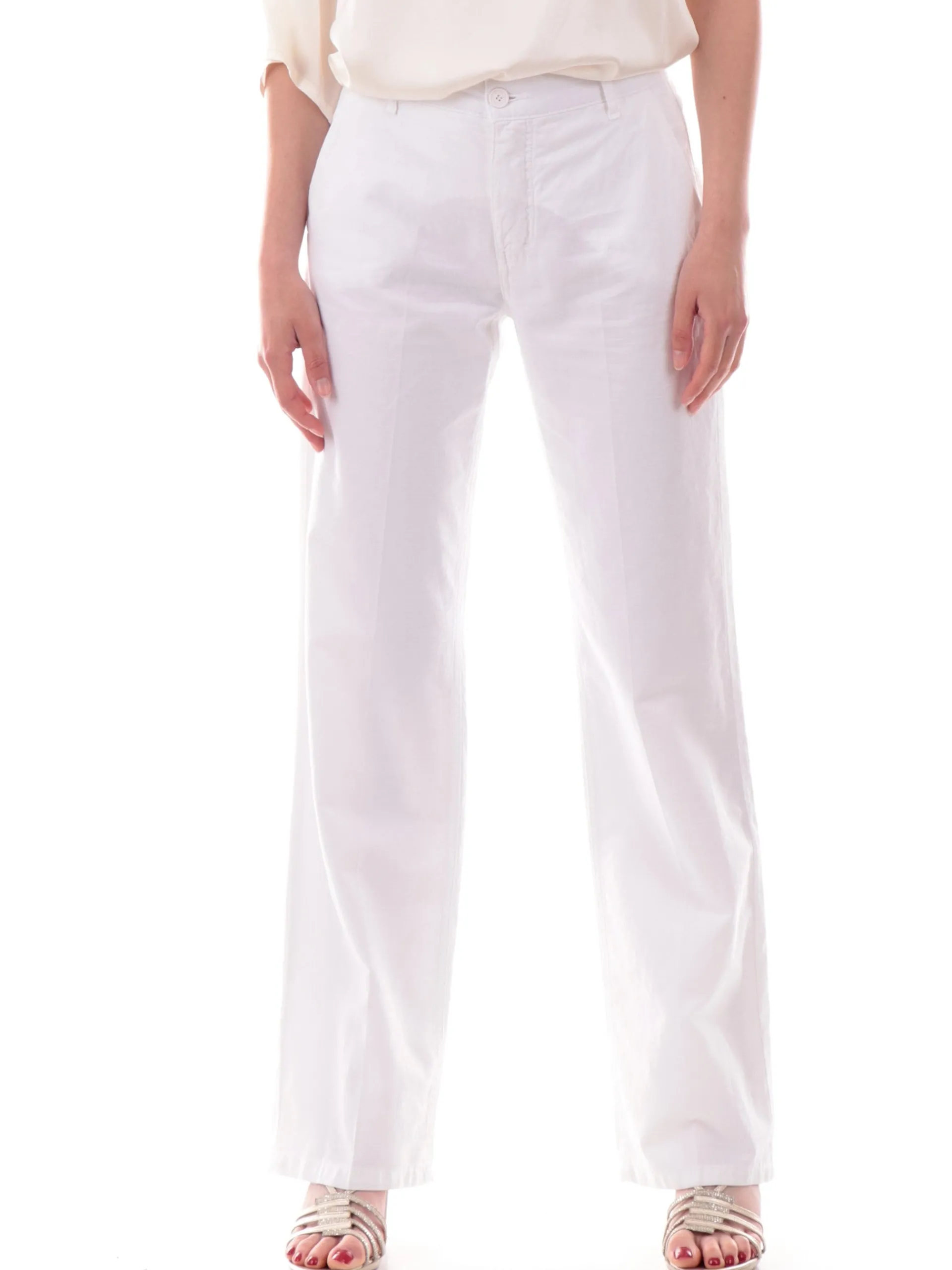MANILA GRACE Pantaloni*Pantaloni lino bianchi Straigh da donna cinque tasche P094CUMA