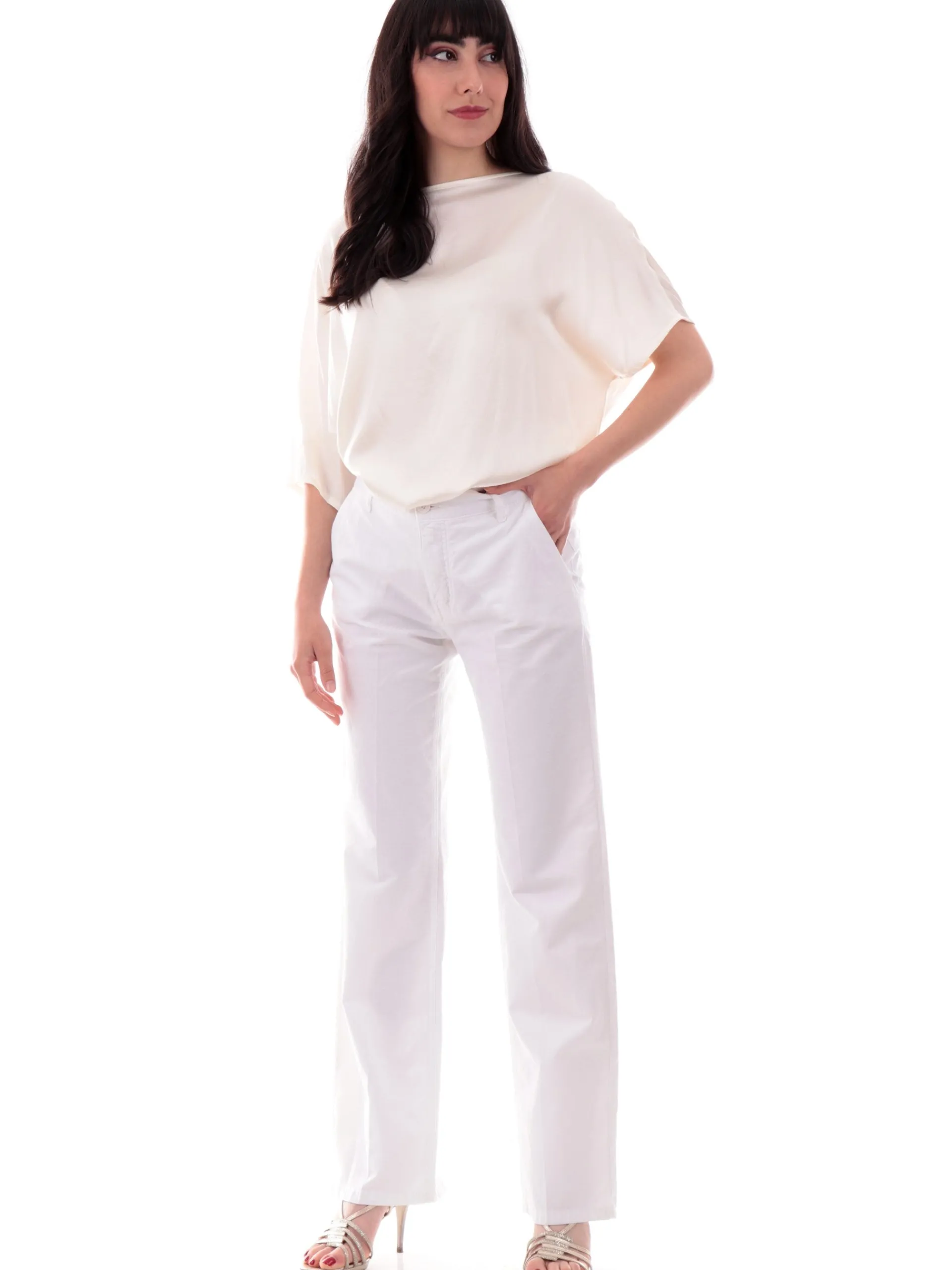 MANILA GRACE Pantaloni*Pantaloni lino bianchi Straigh da donna cinque tasche P094CUMA