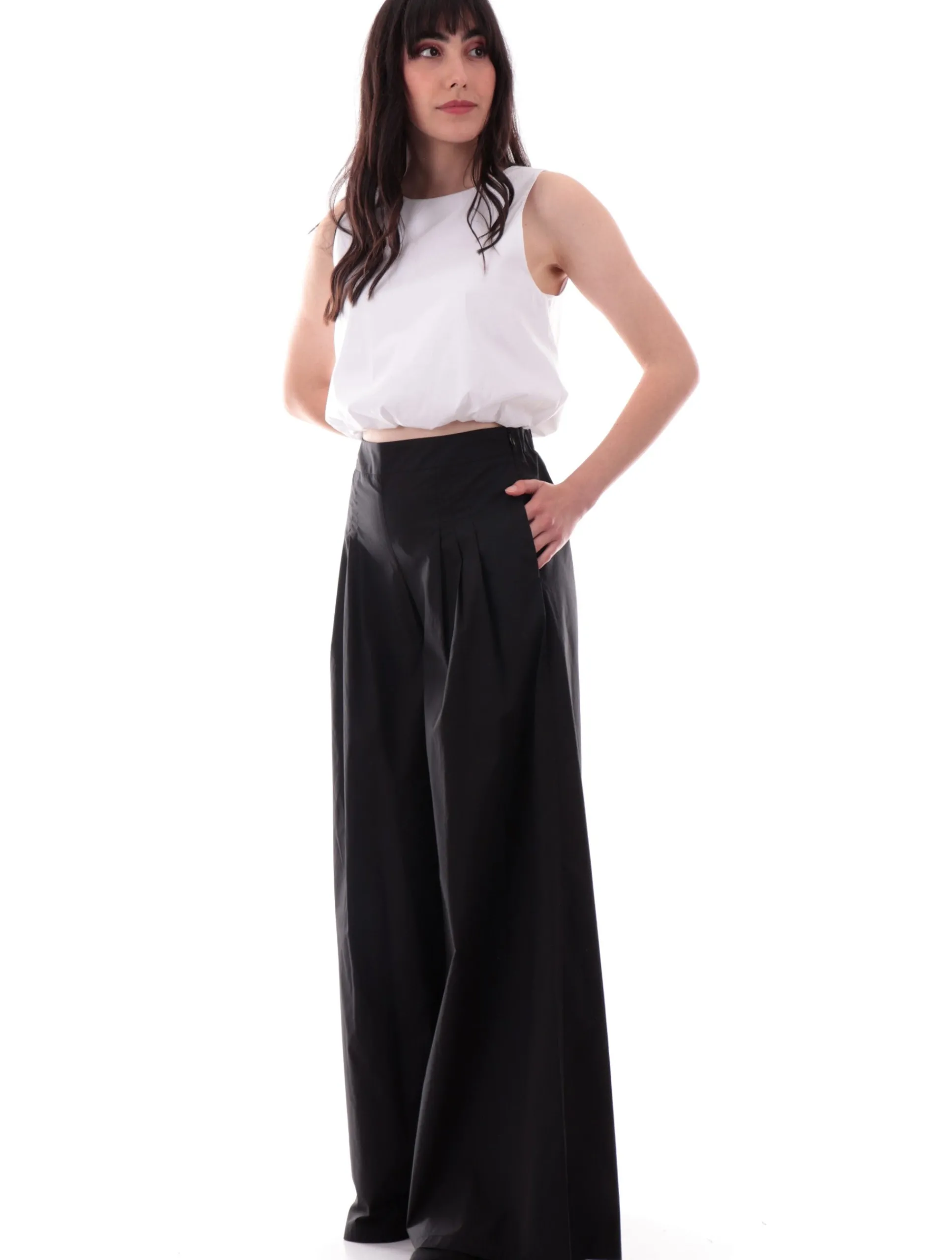 MANILA GRACE Pantaloni*Pantaloni neri a vita alta a palazzo Svasati P133CUMA001