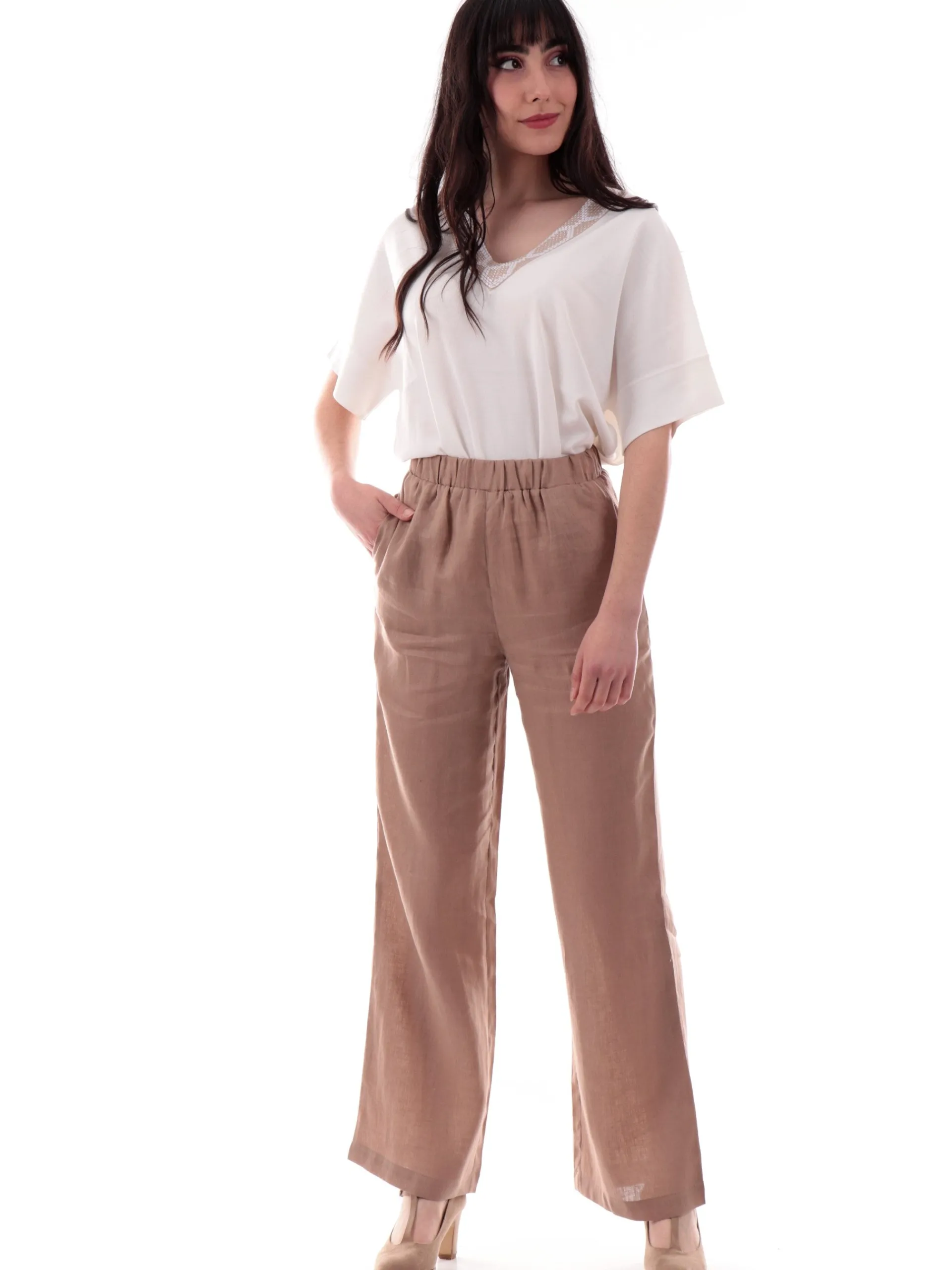 ANIS Pantaloni*Pantaloni palazzo lino marroni da donna vestibilità morbida 251C1370
