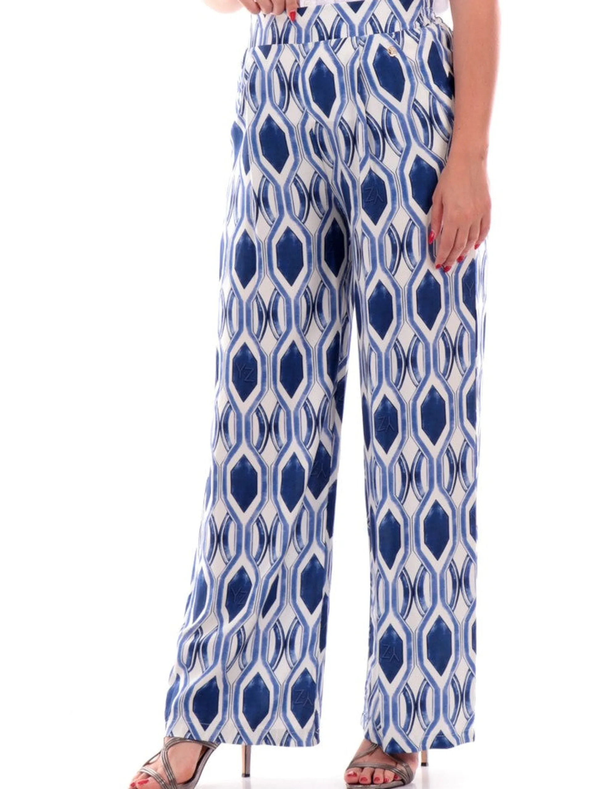 YES ZEE Pantaloni*Pantaloni Palazzo donna a fantasia geometrica blu viscosa vita elastica P367Y8002