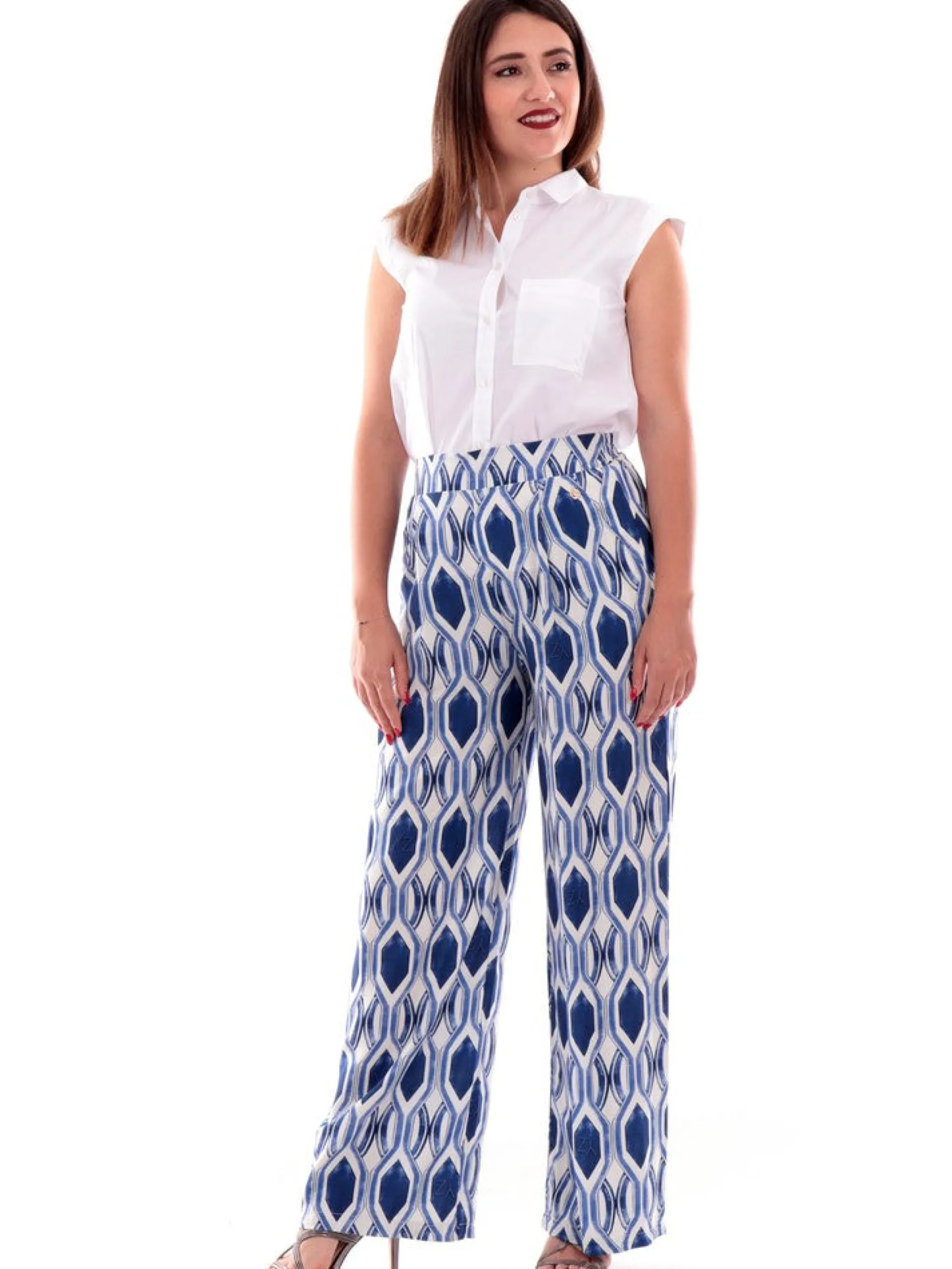 YES ZEE Pantaloni*Pantaloni Palazzo donna a fantasia geometrica blu viscosa vita elastica P367Y8002