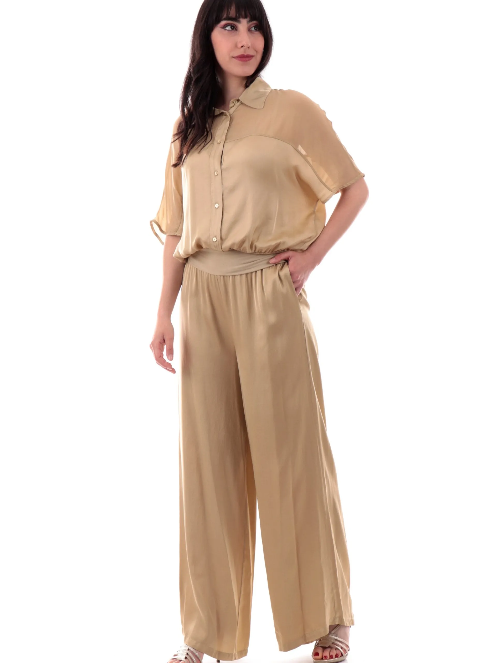 MANILA GRACE Pantaloni*Pantaloni palazzo beige baschina da donna vita alta P050VUMA