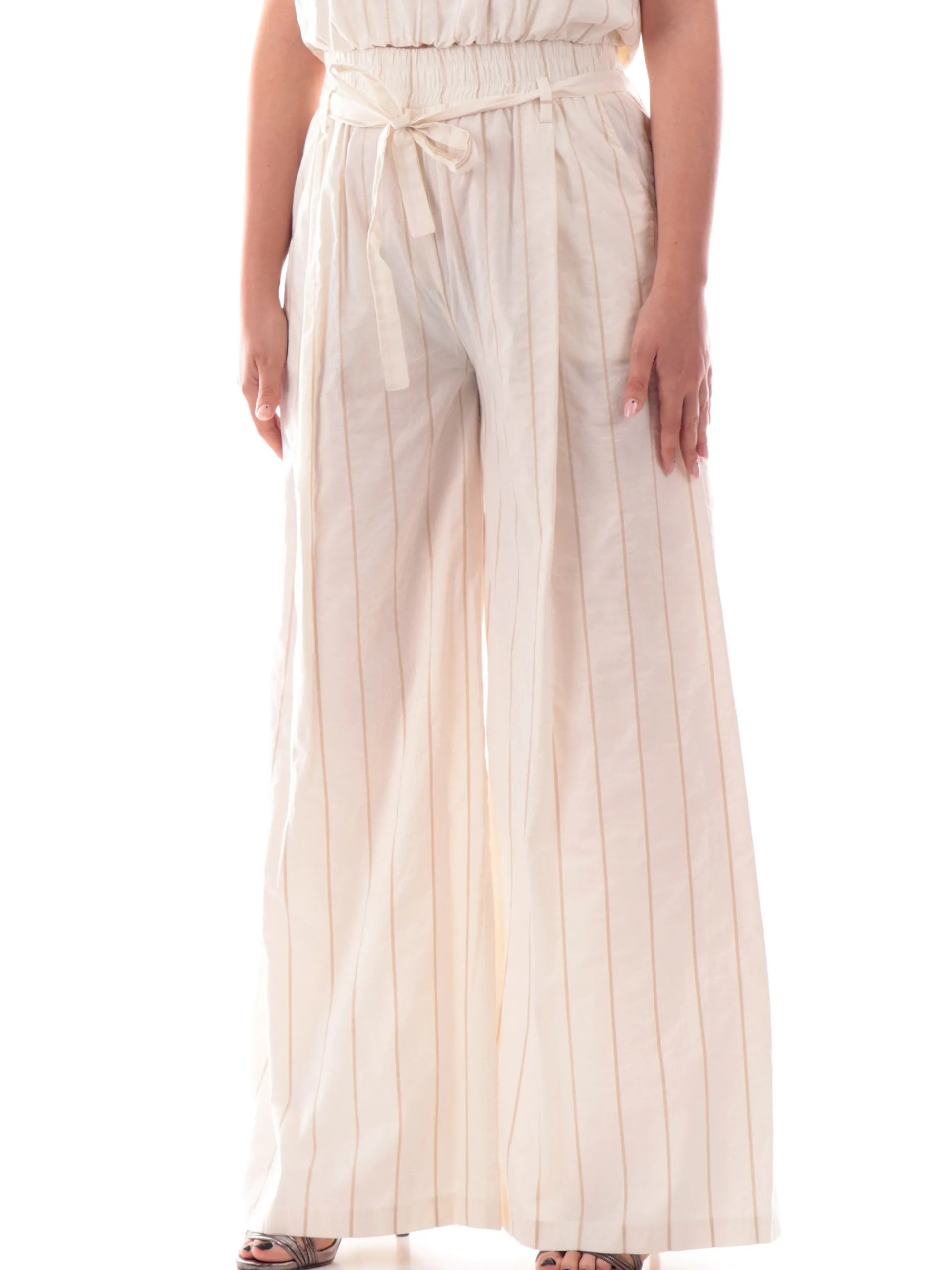 MANILA GRACE Pantaloni*Pantaloni palazzo bianchi righe lurex da donna vita alta P209CIMA