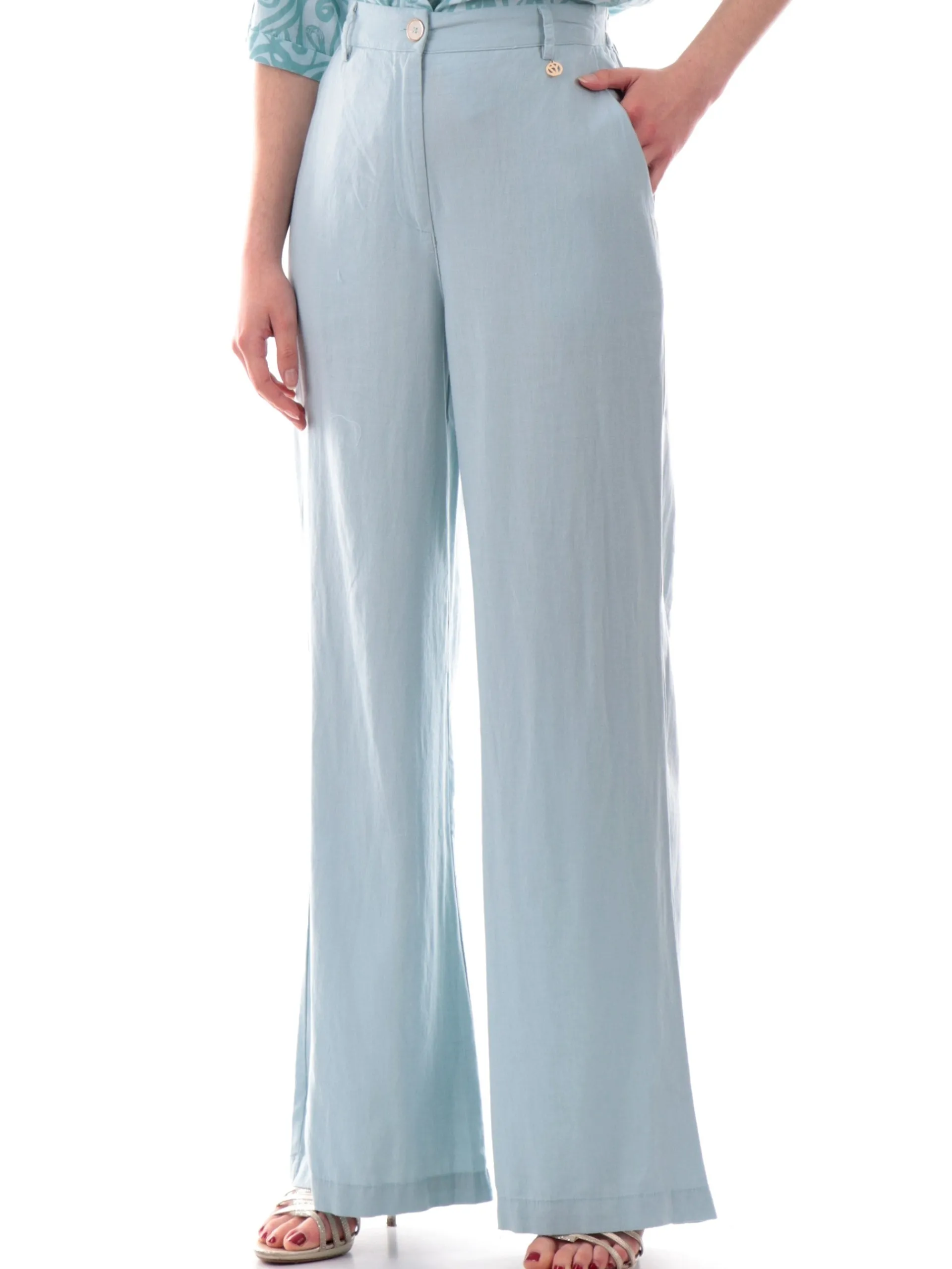 YES ZEE Pantaloni*Pantaloni palazzo lino celesti da donna vestibilità morbida P347V600