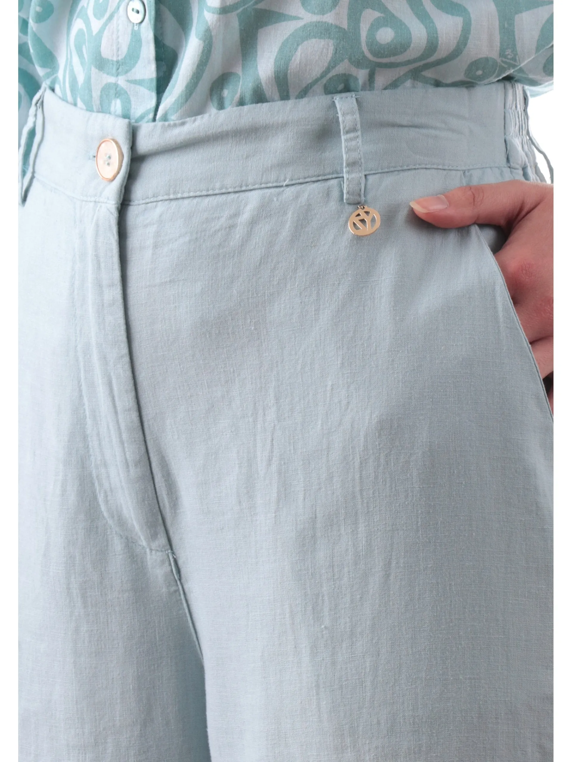 YES ZEE Pantaloni*Pantaloni palazzo lino celesti da donna vestibilità morbida P347V600