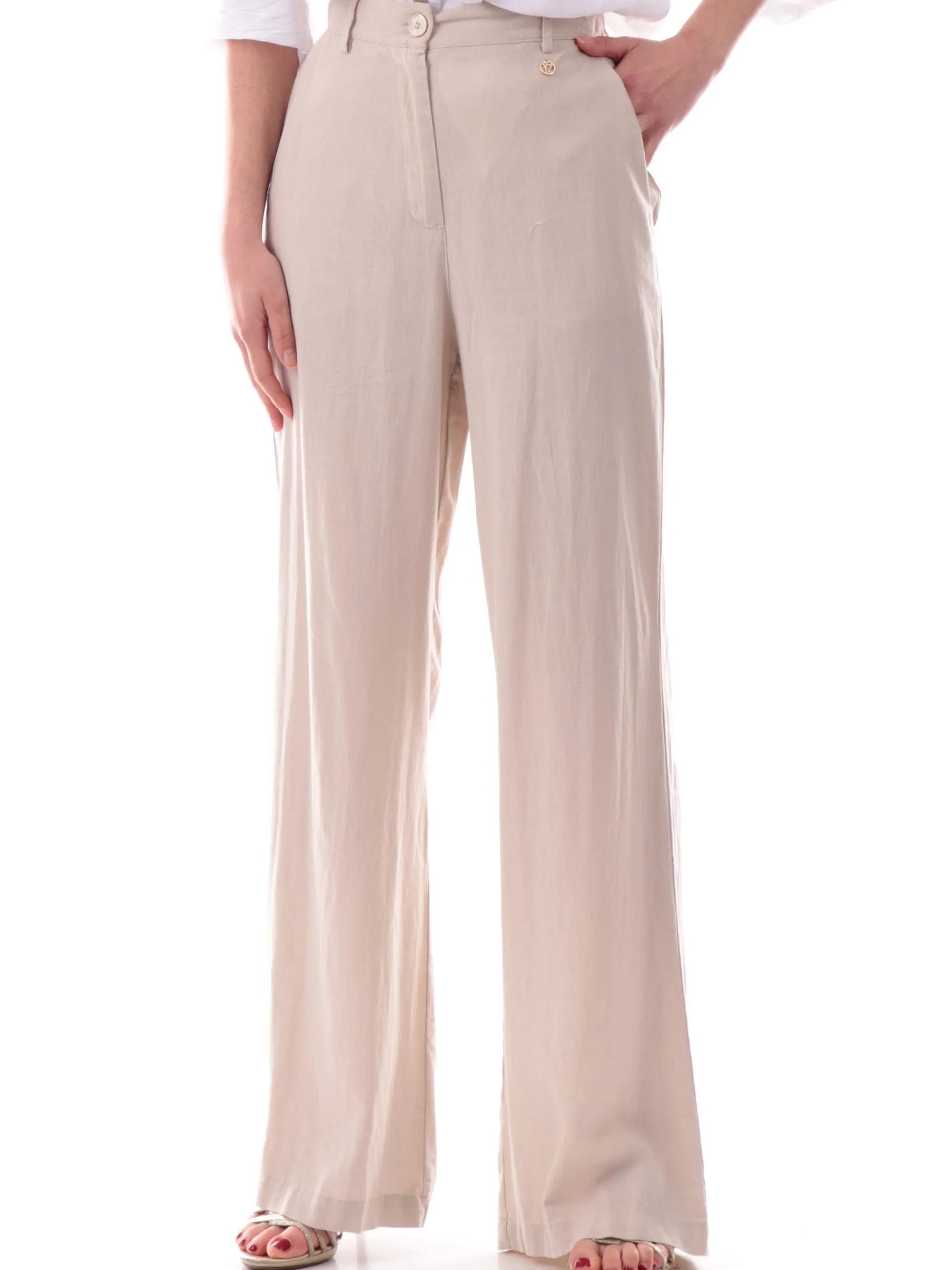 YES ZEE Pantaloni*Pantaloni palazzo lino beige da donna vestibilità morbida P347V600