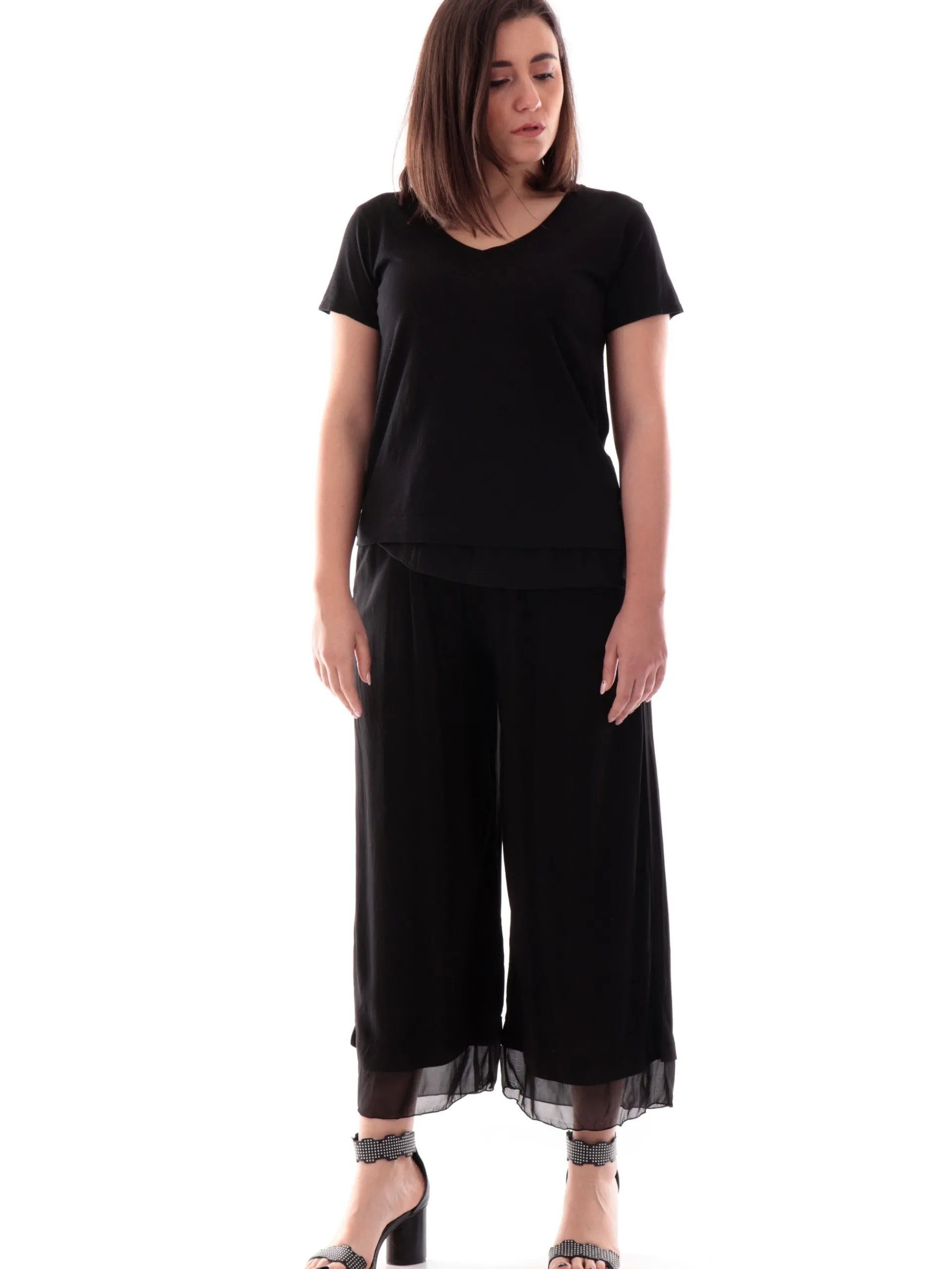 DEHA Pantaloni*Pantaloni tuta neri da donna viscosa con voilant