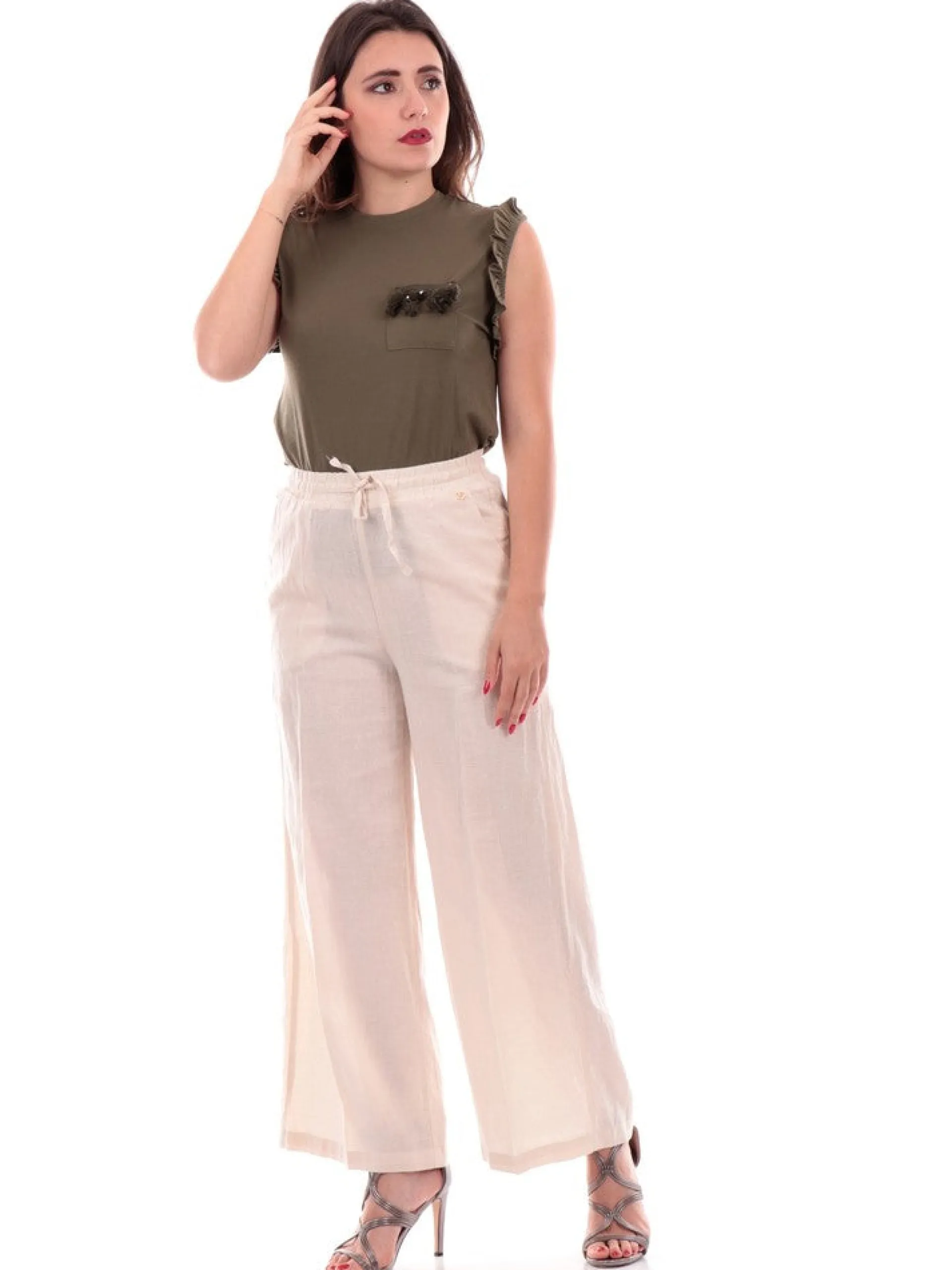 YES ZEE Pantaloni*Pantaloni beige da donna in lino P398J4000