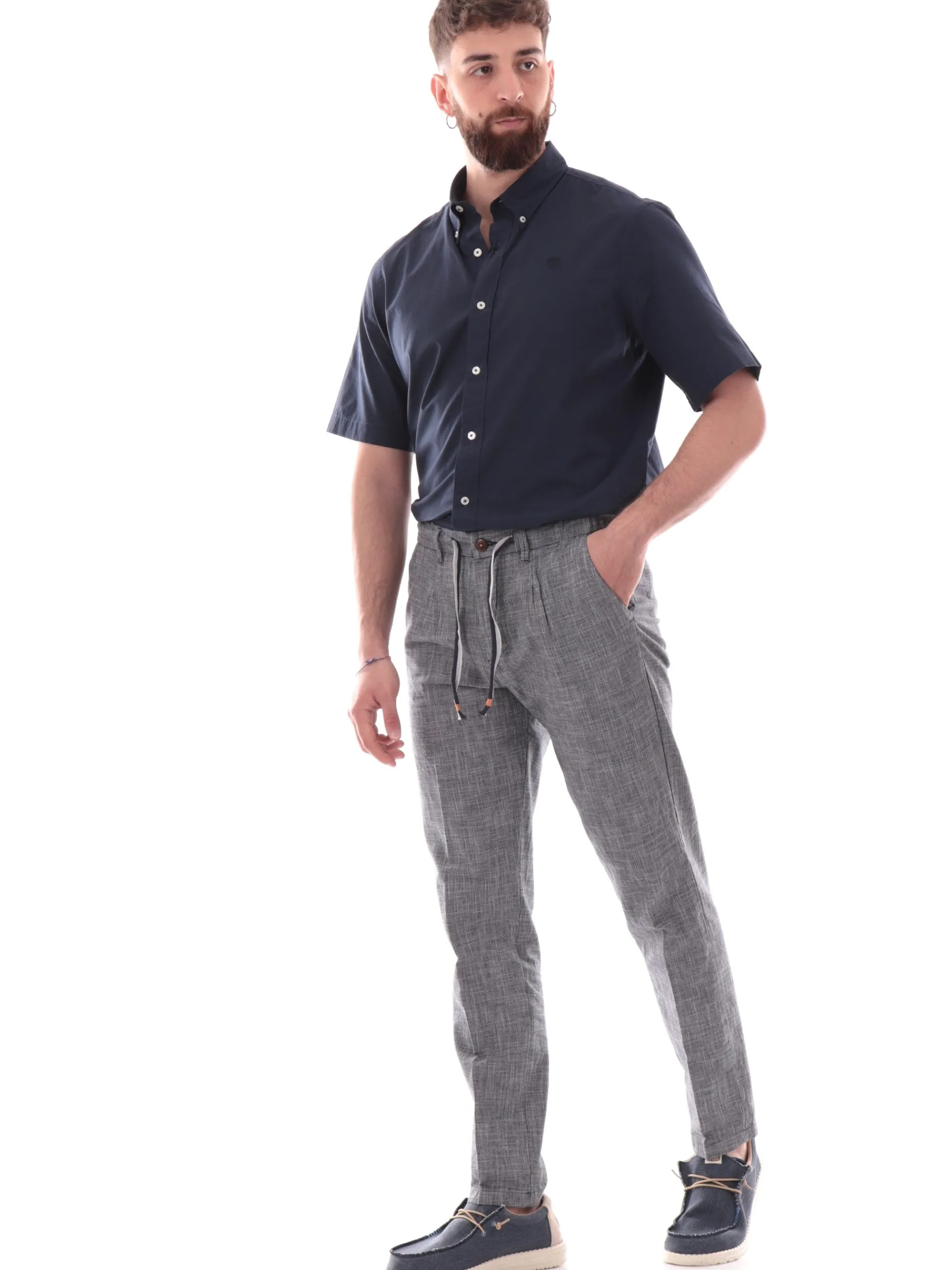 YES ZEE Pantaloni*Pantaloni grigi rigati da uomo con tasche e laccetti regolabili P670PF00