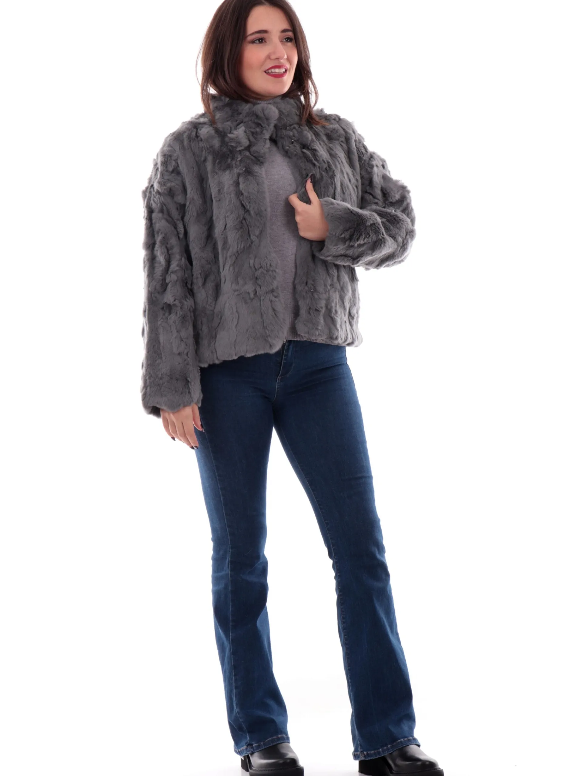 TAVUS Giubbini*Pelliccia Rex grigia da donna vera 100% lapin 24160