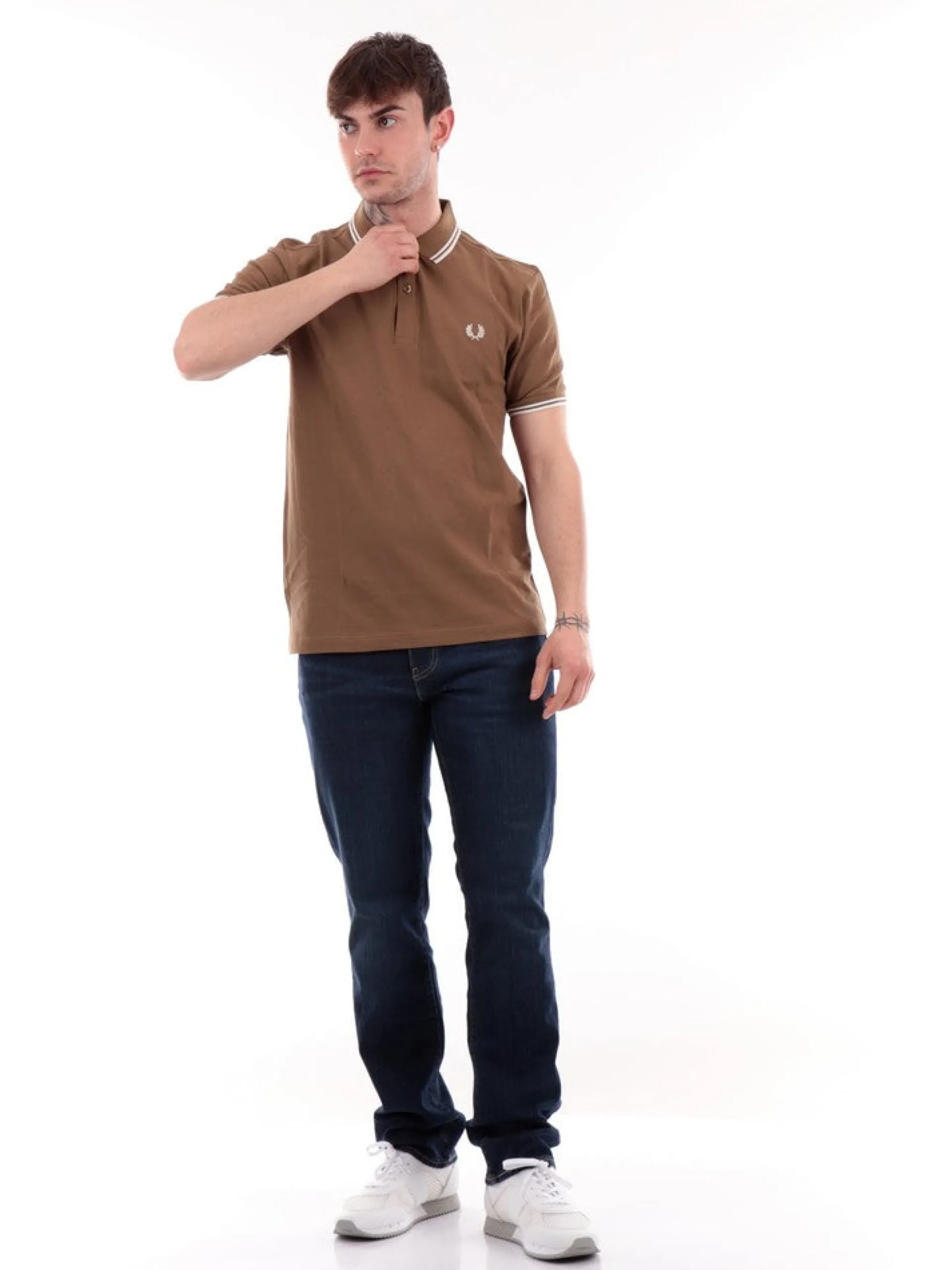 FRED PERRY Polo*Polo Beige da Uomo con bordini Bianchi Twin Tipped M3600U90