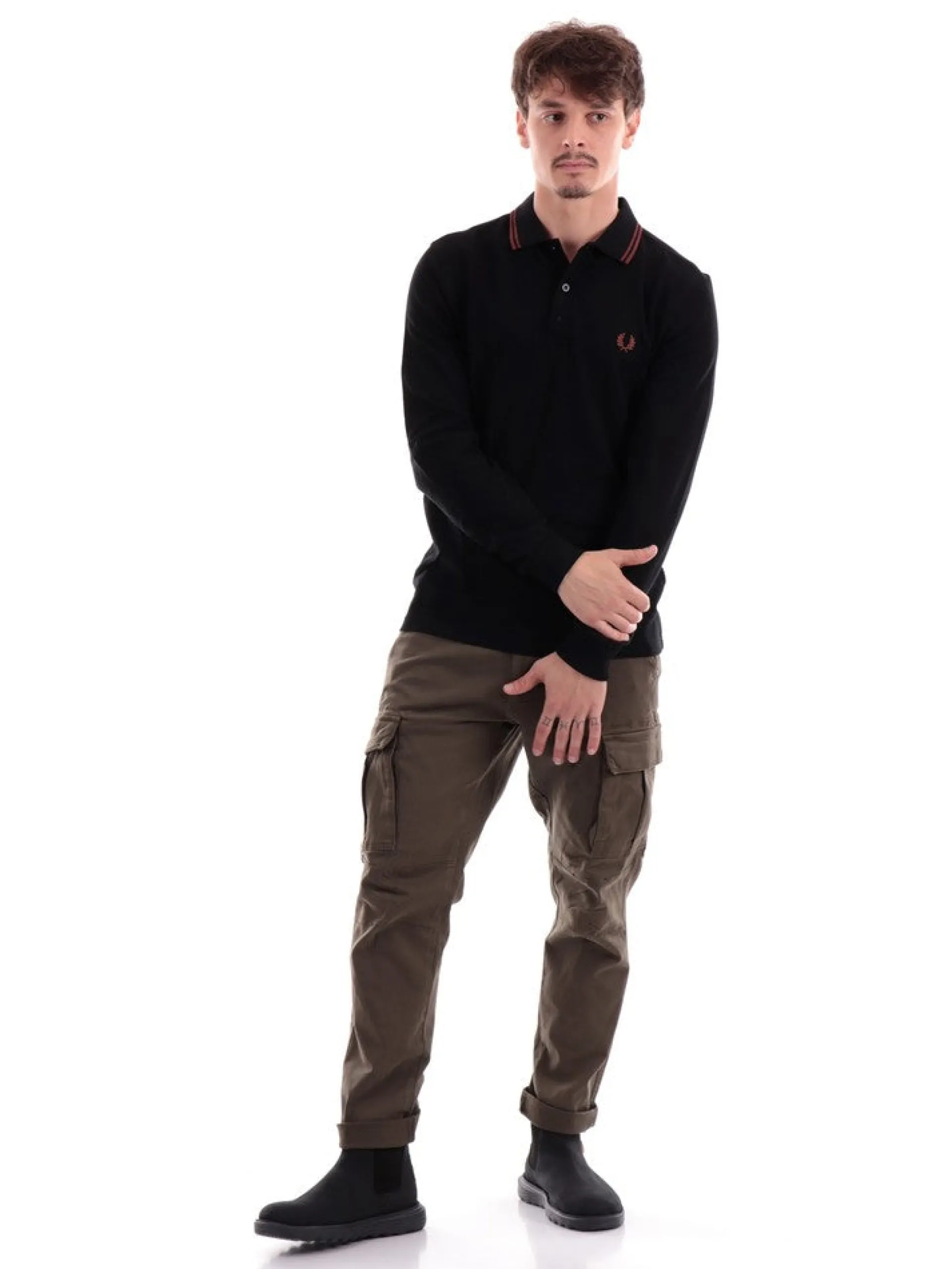 FRED PERRY Polo*Polo Maniche Lunghe nera da uomo Twin Tipped M3636