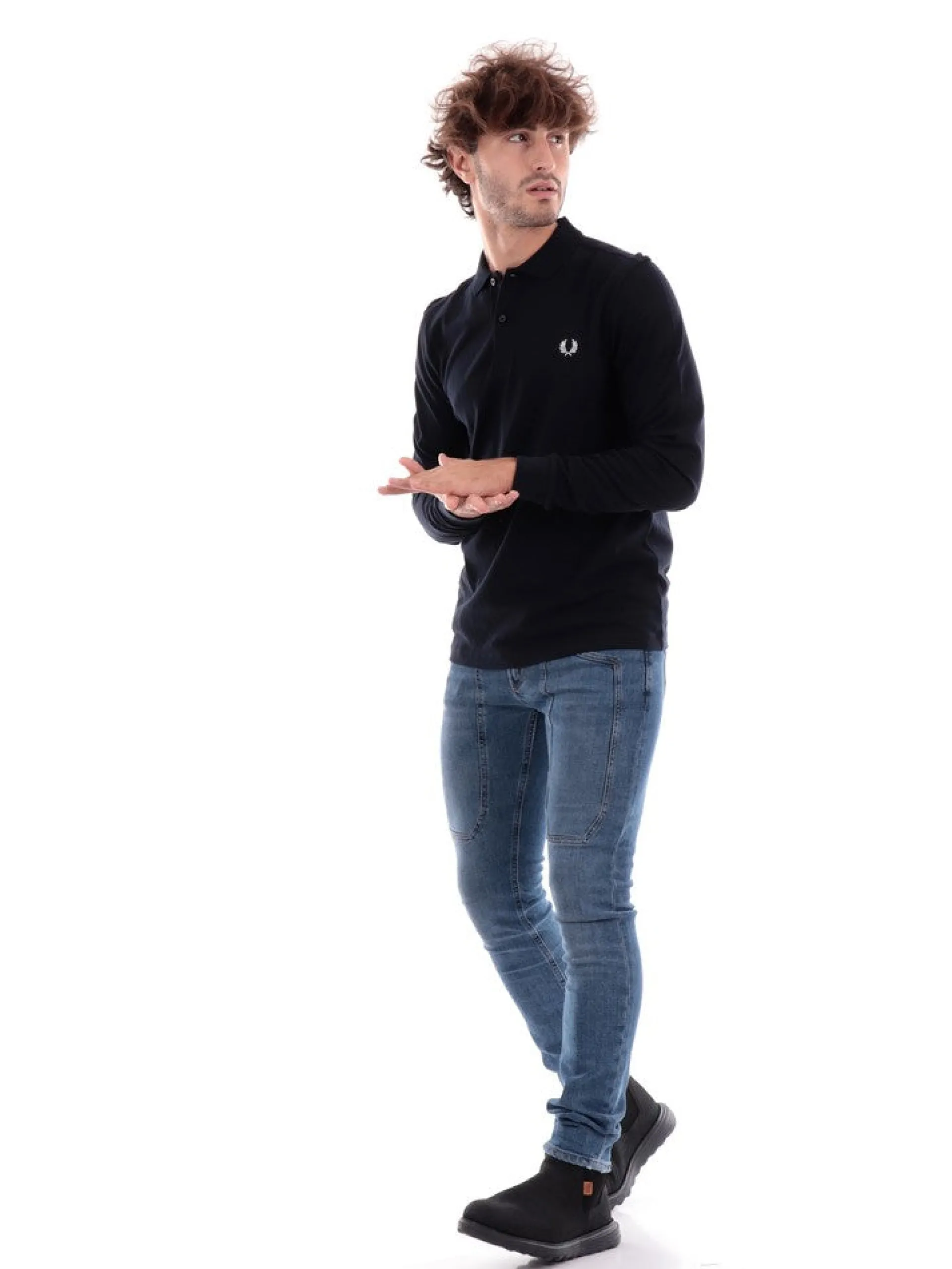 FRED PERRY Polo*Polo Maniche Lunghe da Uomo blu plain Shirt M6006