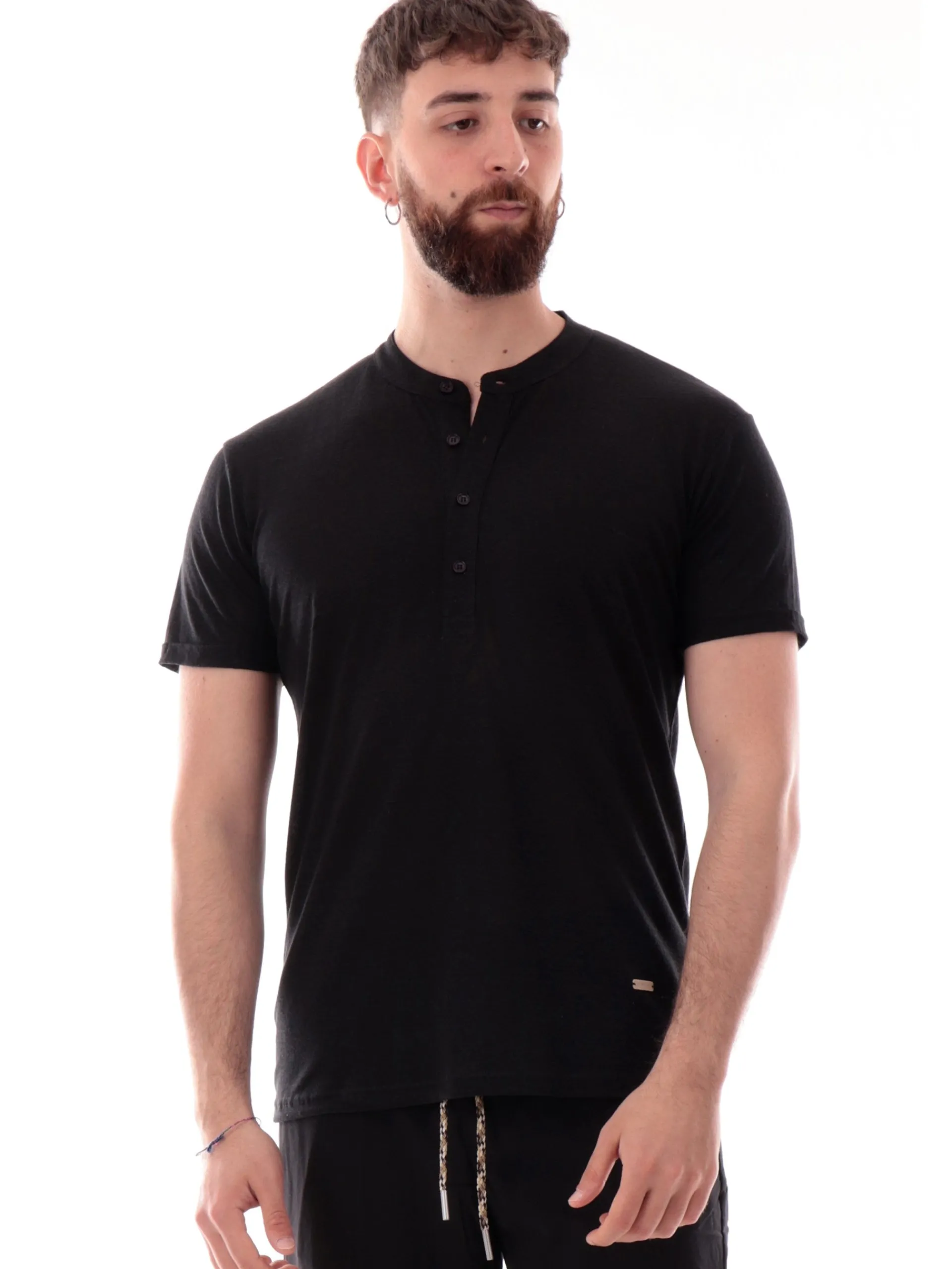 GIANNI LUPO T-Shirt*Polo Serafino nera da uomo in lino GL525LS25