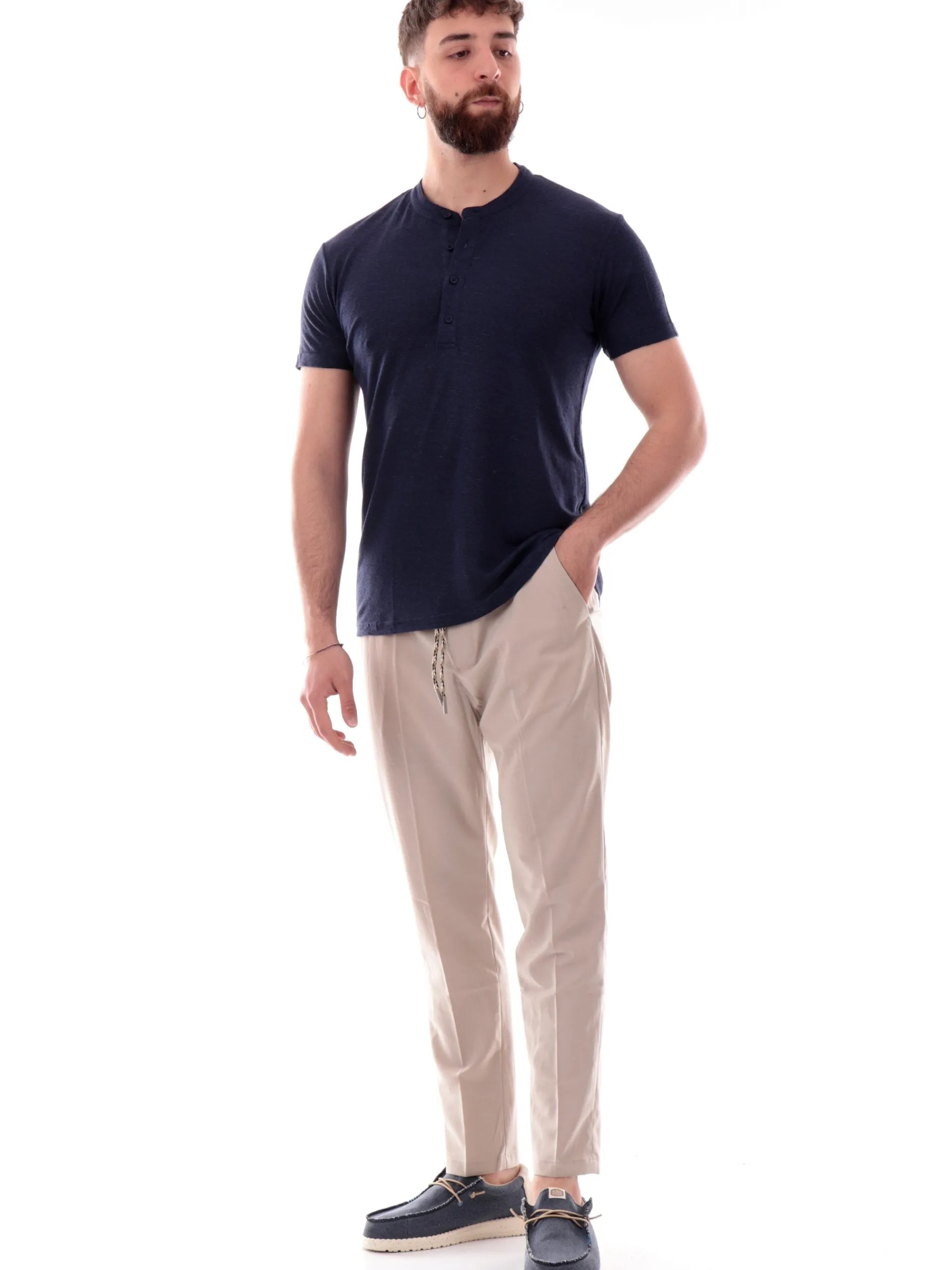 GIANNI LUPO T-Shirt*Polo Serafino blu da uomo in lino GL525LS25