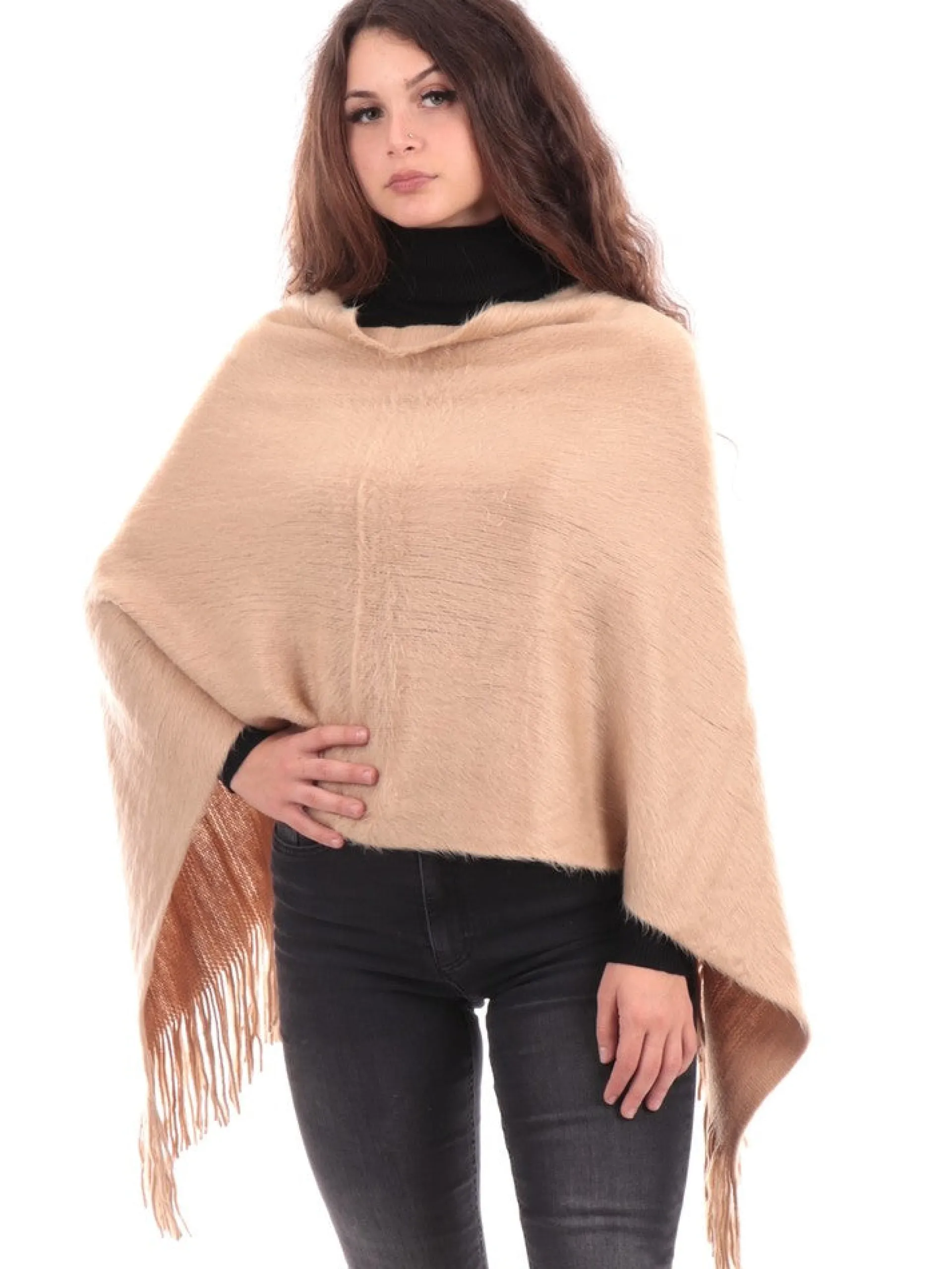 MOLLYBRACKEN Maglie*Poncho Molly Bracken beige da donna con frange B187BH