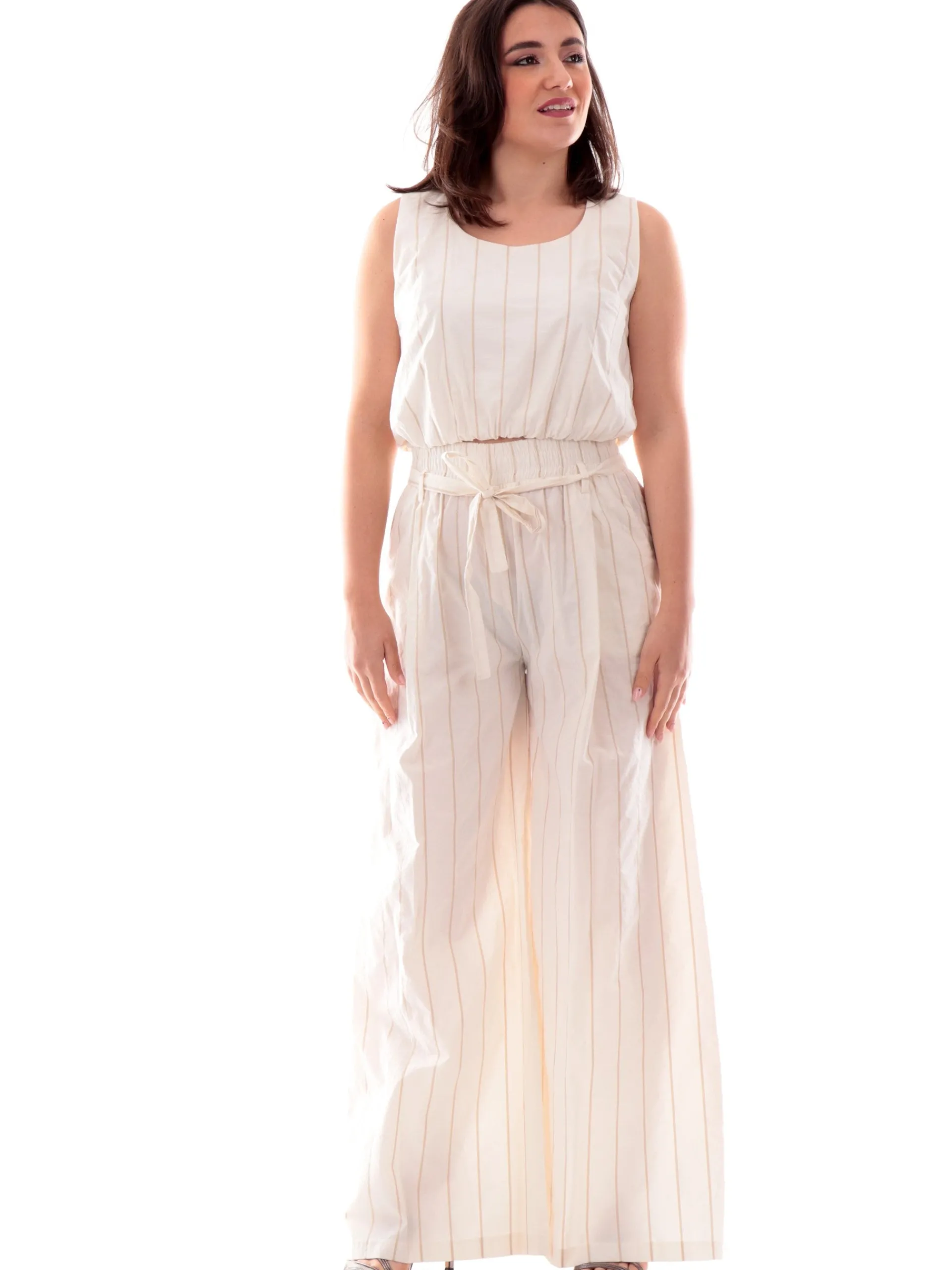 MANILA GRACE Maglie*Top crop bianco righe lurex da donna smanicato Y208CIMA