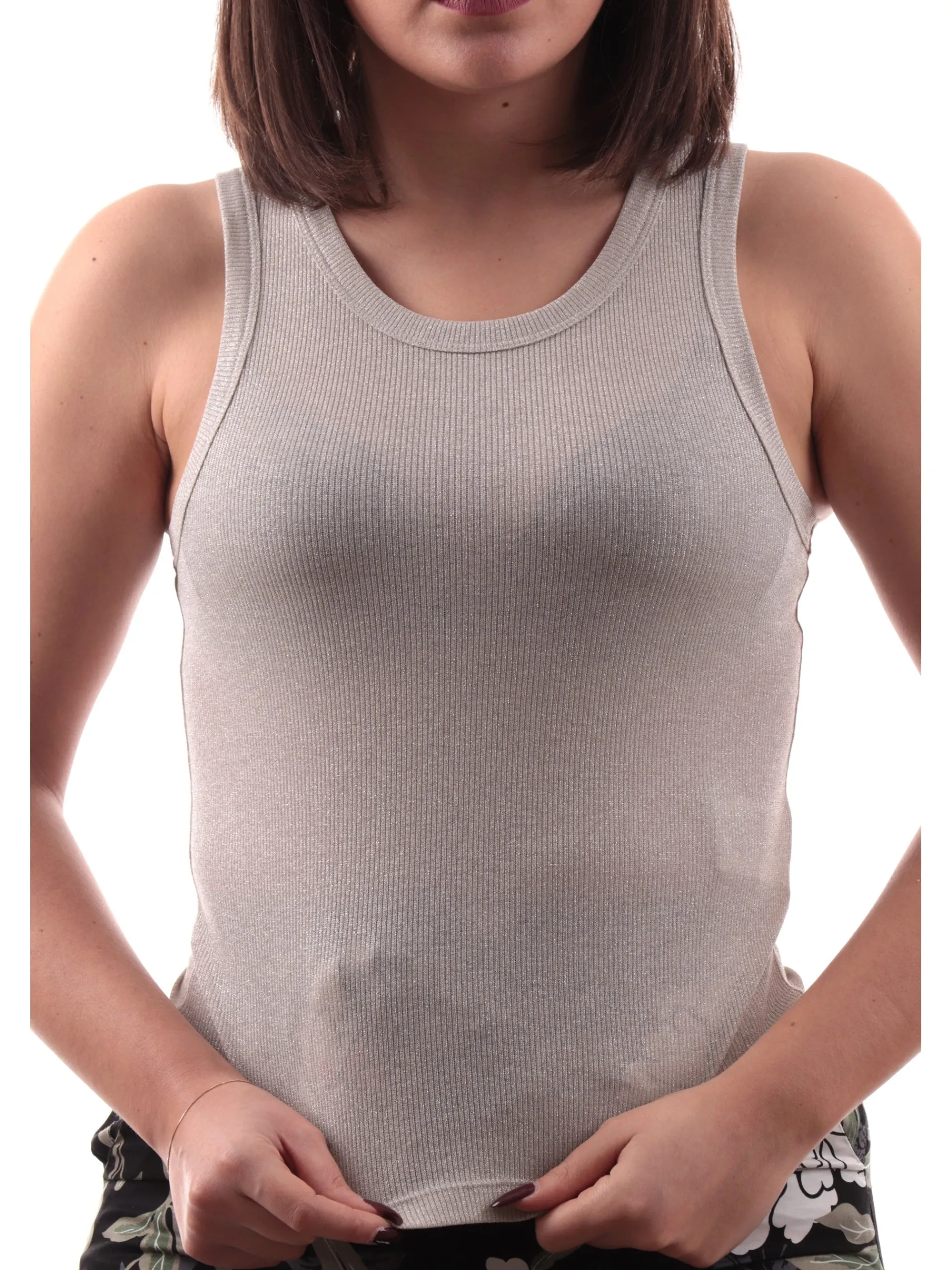 EMME MARELLA Maglie*Top lurex oro a costine beige con bretelle e linee femminili FASTO001